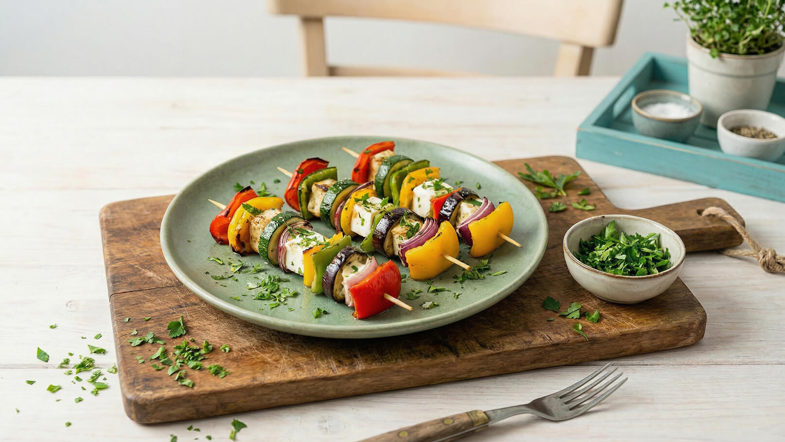 Auf einem Teller liegen bunte Gemüsespieße, bestehend aus Paprika, Zucchini, Aubergine und Zwiebeln, abwechselnd mit Käse. Der Teller befindet sich auf einem Holzbrett, umgeben von frischen Kräutern.
