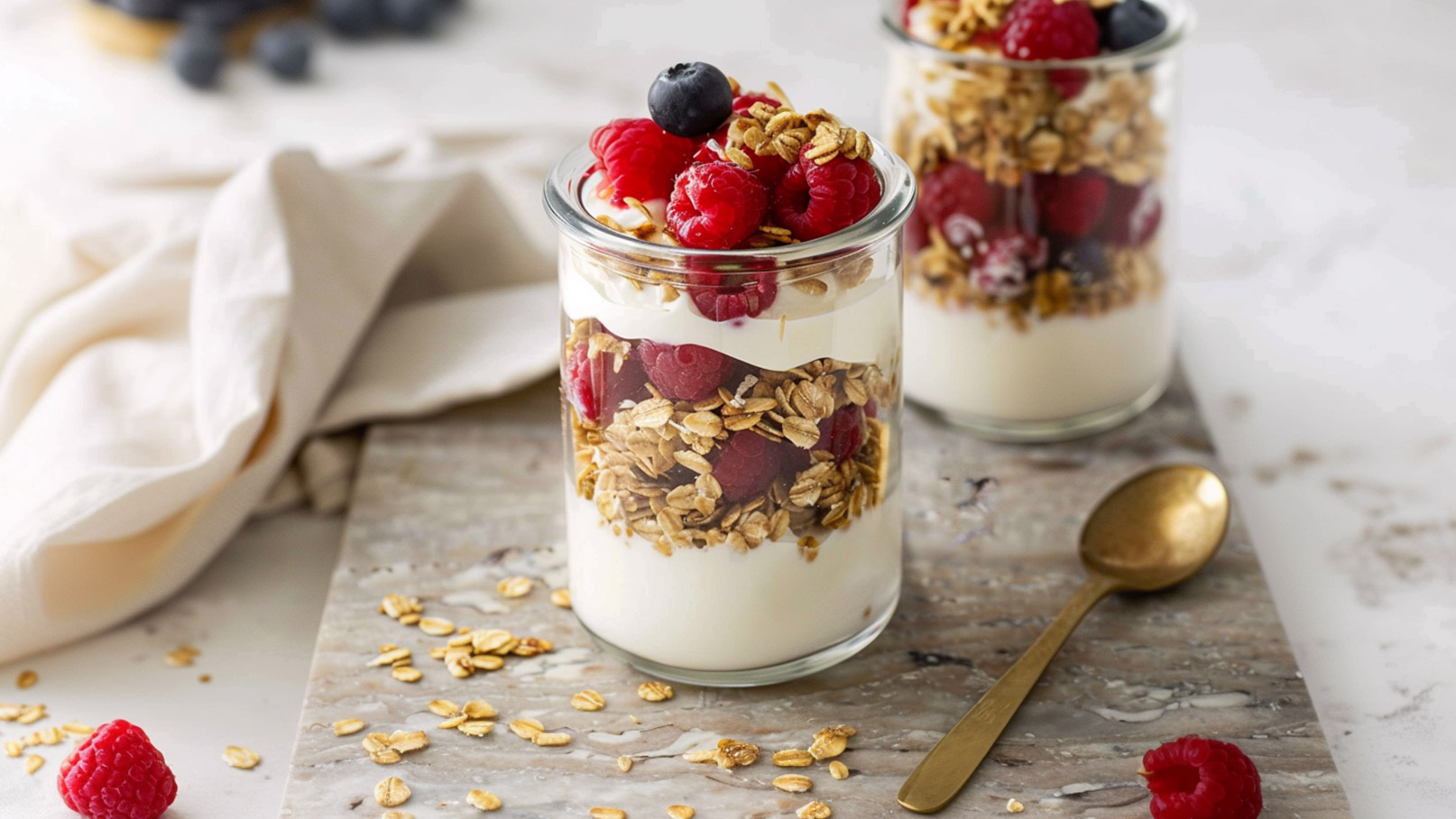 Zwei Gläser mit Joghurt-Schichten sind auf einem Tisch platziert. Die unteren Schichten bestehen aus Haferflocken, gefolgt von frischen Himbeeren. Oben liegen weitere Himbeeren und Blaubeeren. Ein goldener Löffel liegt neben den Gläsern auf einer marmorierten Unterlage.