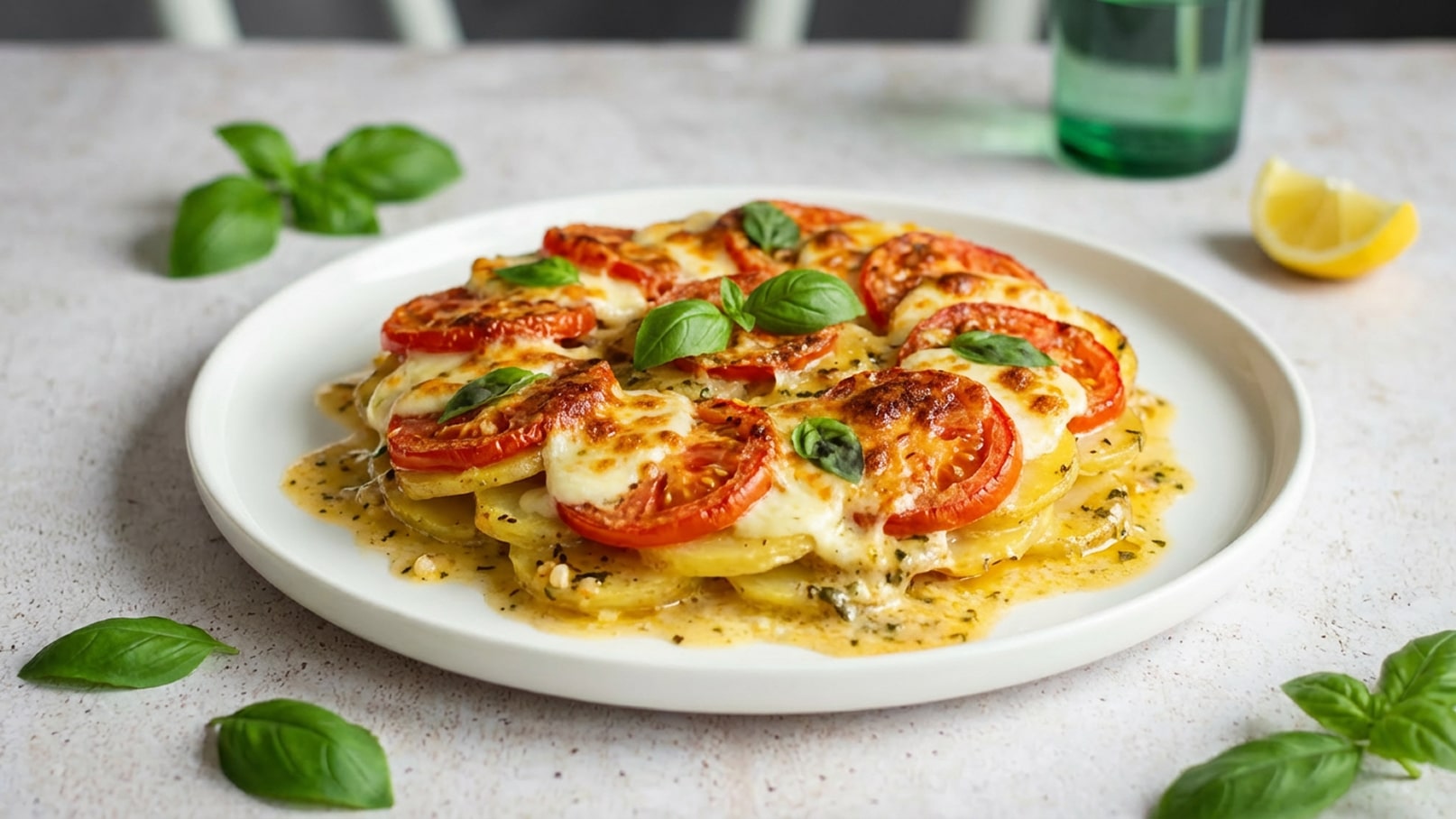 Ein Teller mit überbackenen Kartoffeln, belegt mit frischen Tomatenscheiben und Käse. Einige Basilikumblätter sind darauf dekoriert. Im Hintergrund sind ein Glas Wasser und eine Zitronenscheibe zu sehen.