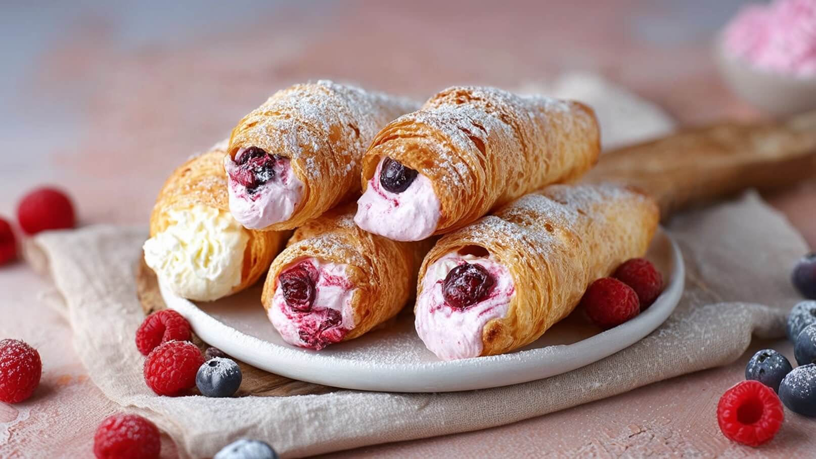 Auf einem Teller liegen mehrere gefüllte Croissants mit verschiedenen Cremes. Einige sind mit Früchten dekoriert, und der Teller ist von frischen Himbeeren und Heidelbeeren umrandet. Ein feiner Puderzucker verleiht dem Gebäck einen süßen Glanz.