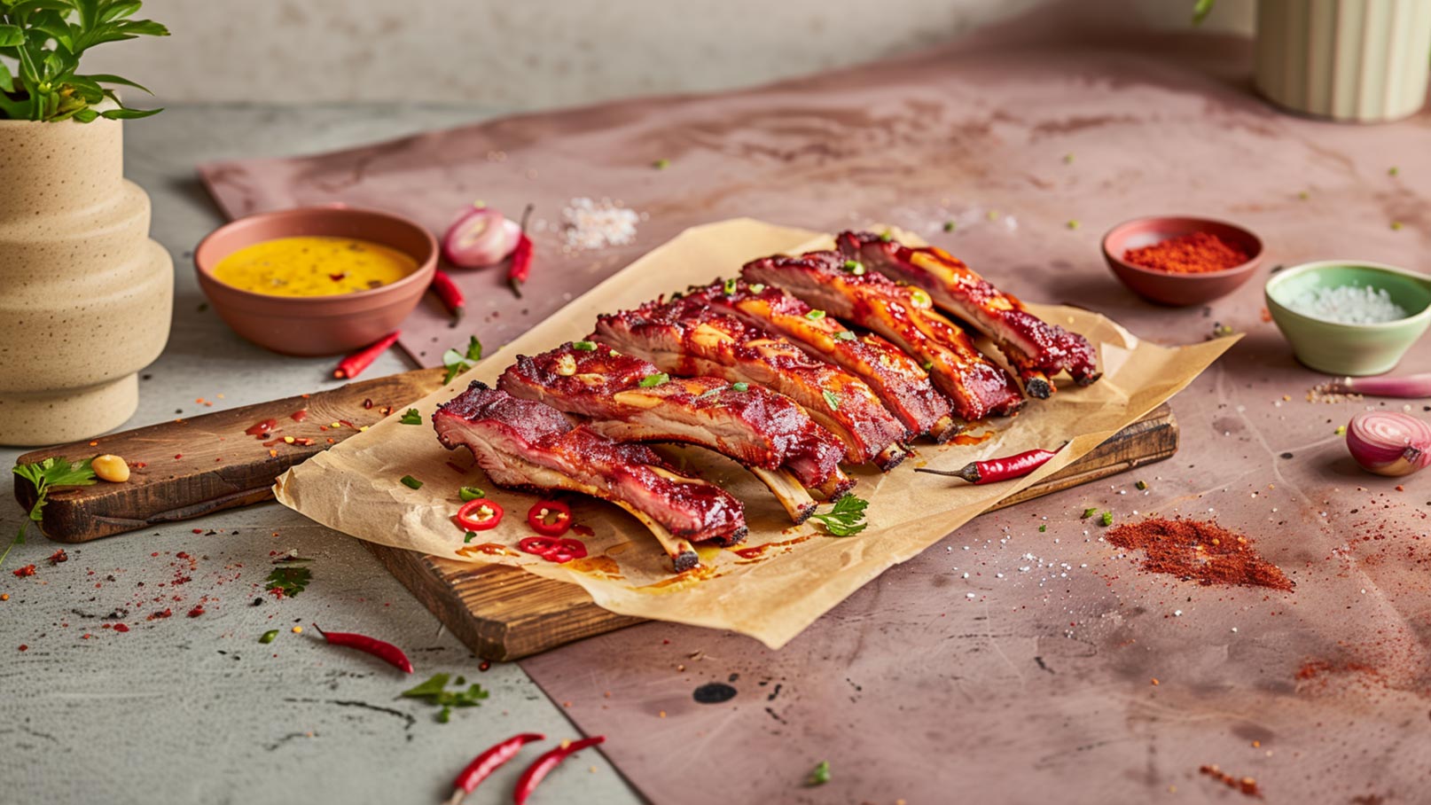 Ein Holzbrett mit gegrillten Rippchen, die glasig und würzig aussehen. Neben den Rippchen sind frische Chili, Kräuter und Gewürze verstreut. Dazu gibt es eine Schüssel mit einer gelben Sauce. Der Hintergrund ist neutral gestaltet und hebt das Essen hervor.