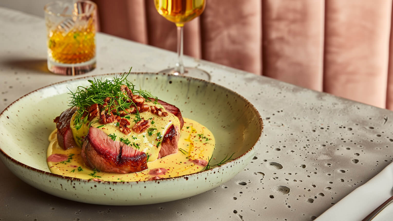 Ein Teller mit saftigem Fleisch, bedeckt mit einer cremigen Sauce und garniert mit knackigem Gemüse und gerösteten Nüssen. Im Hintergrund stehen ein Glas Whisky und ein elegantes Getränk auf einem Tisch mit glatter Oberfläche.