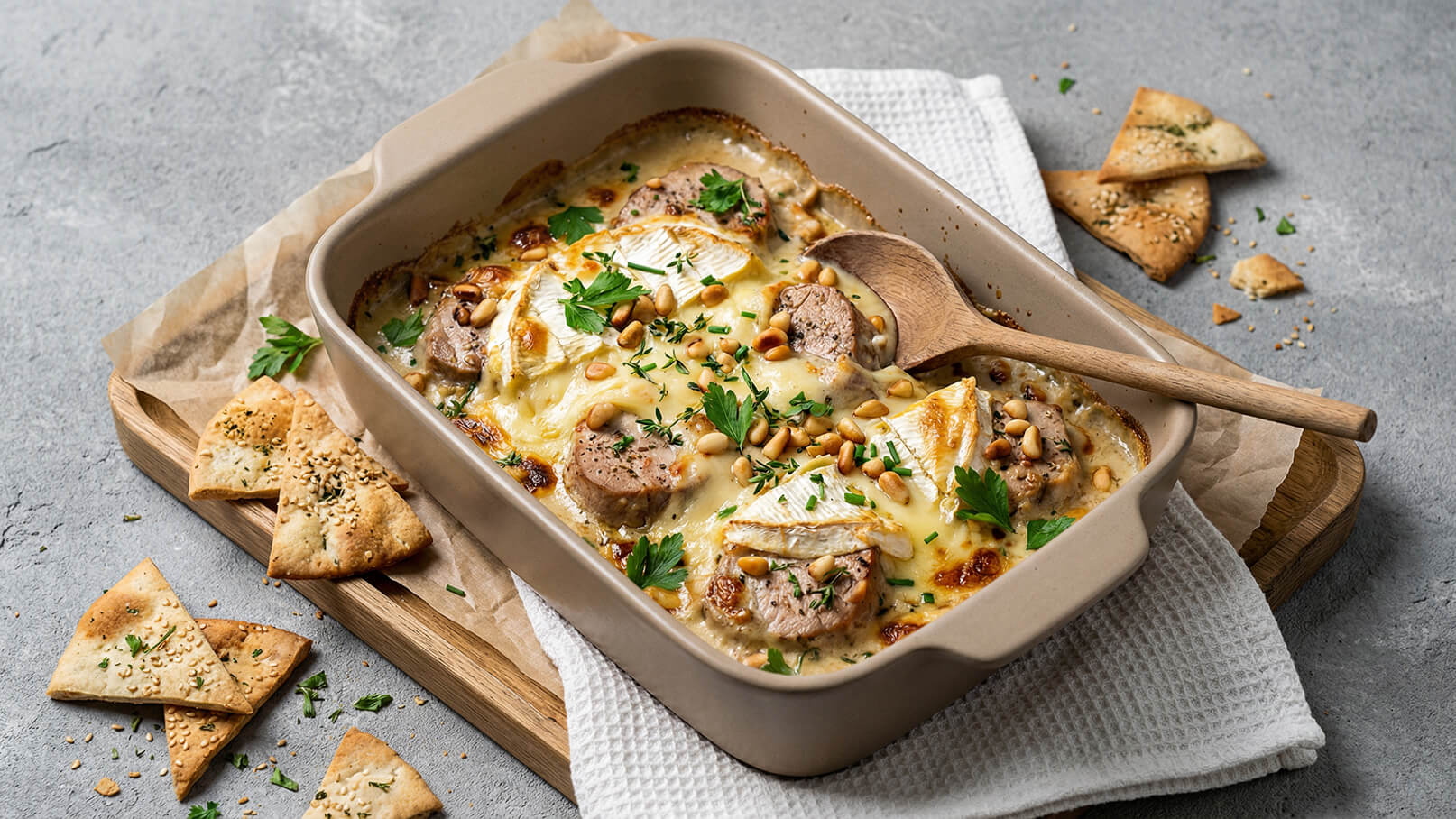 Ein Auflauf in einer beigefarbenen Keramikform, belegt mit Käse, Fleischstücken und Pinienkernen. Frische Kräuter, wie Petersilie, sind dekorativ darauf verteilt. Daneben liegen knusprige Fladenbrotstücke auf einem Holzbrett.
