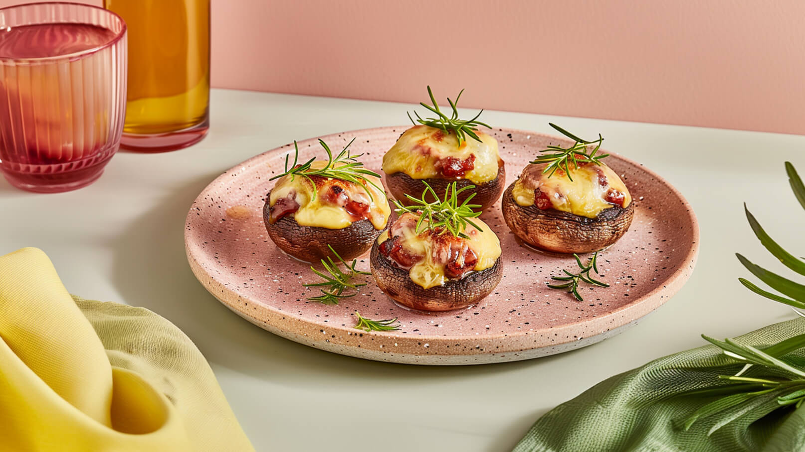 Ein Teller mit vier gefüllten Champignons, garniert mit Käse und frischem Rosmarin. Die Champignons sind auf einem gefleckten rosa Teller arrangiert, vor einem neutralen Hintergrund.