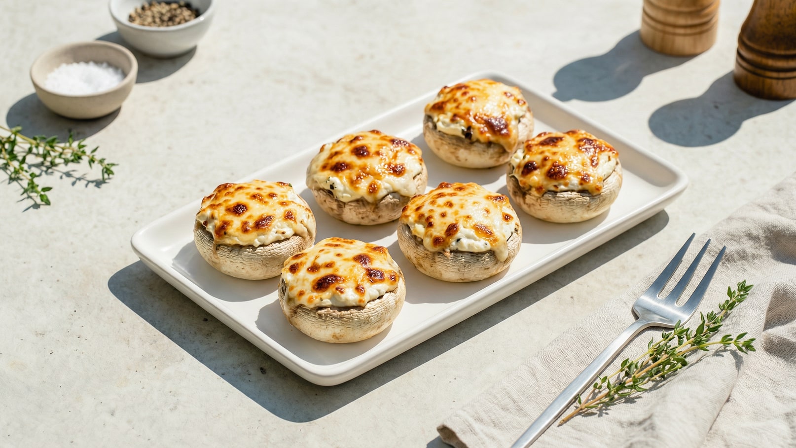 Sechs gefüllte Champignons mit einer goldbraunen Käsekruste auf einem weißen Teller. Neben dem Teller liegt eine Gabel und ein frischer Thymianzweig. Die Präsentation ist hell und ansprechend, umgeben von einer neutralen Tischoberfläche.
