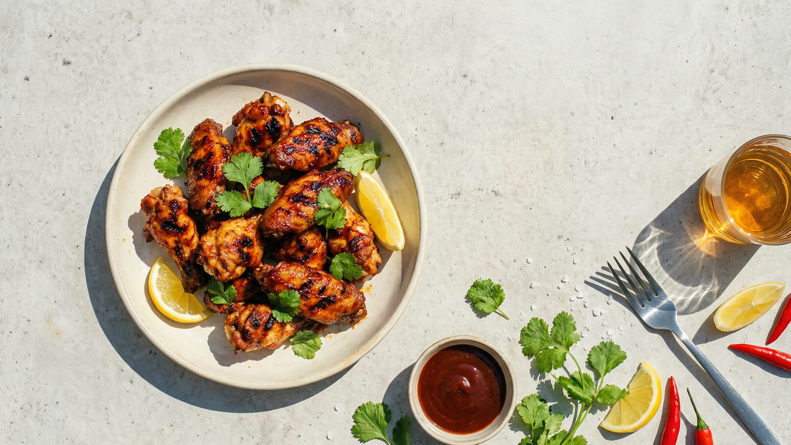 Ein Teller mit gegrillten Hähnchenflügeln, garniert mit frischem Koriander und Zitronenscheiben. Neben dem Teller befindet sich eine kleine Schüssel mit BBQ-Sauce und einige rote Chilischoten. Der Hintergrund ist neutral und hell.