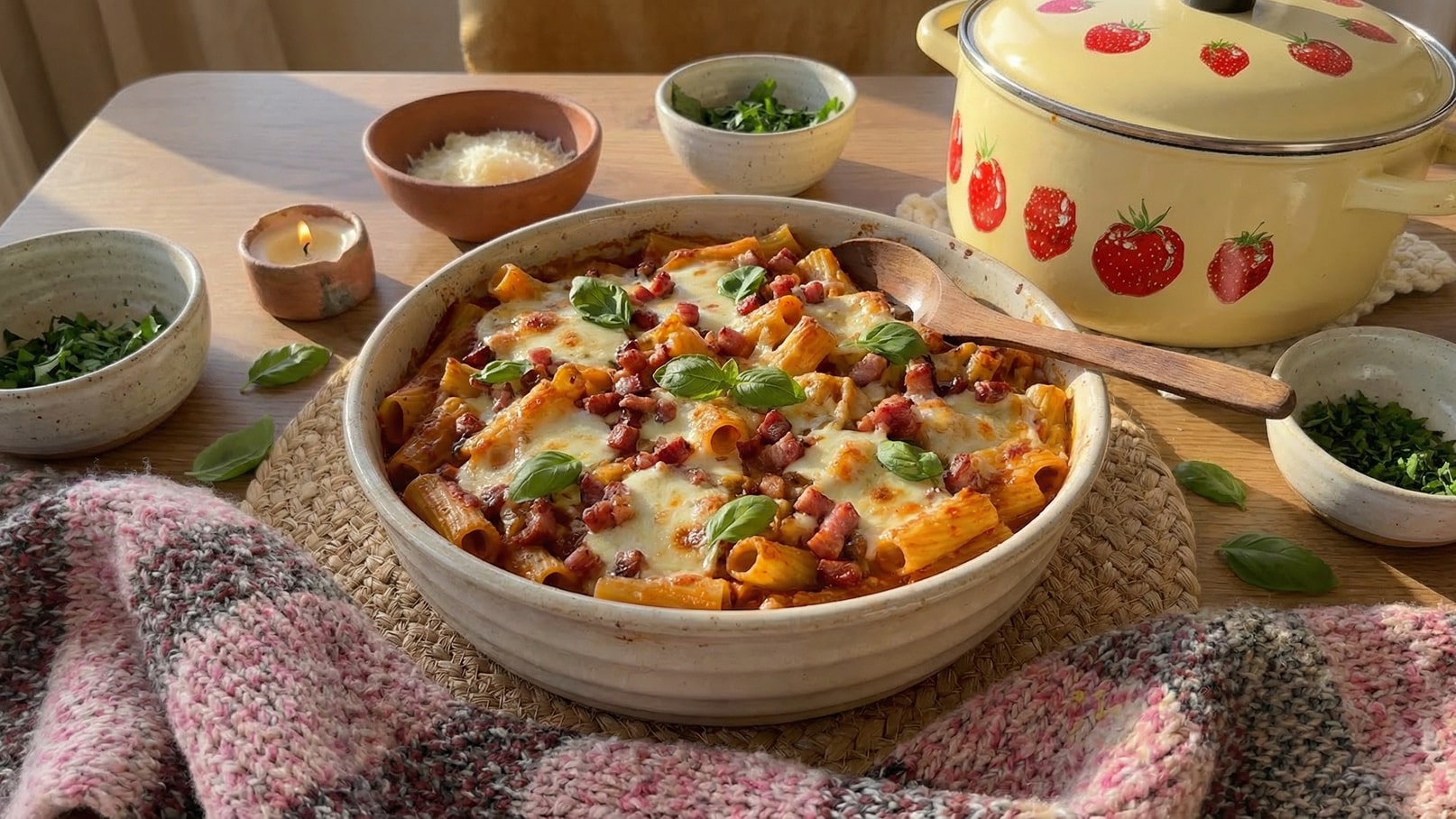 Ein großer Teller mit Pasta, überbacken mit Käse und garnierter mit frischen Basilikumblättern, steht auf einem Holztisch. Neben dem Teller sind kleine Schalen mit Kräutern und geriebenem Käse sowie eine brennende Kerze zu sehen. Ein gelber Topf mit Erdbeermuster steht ebenfalls daneben.