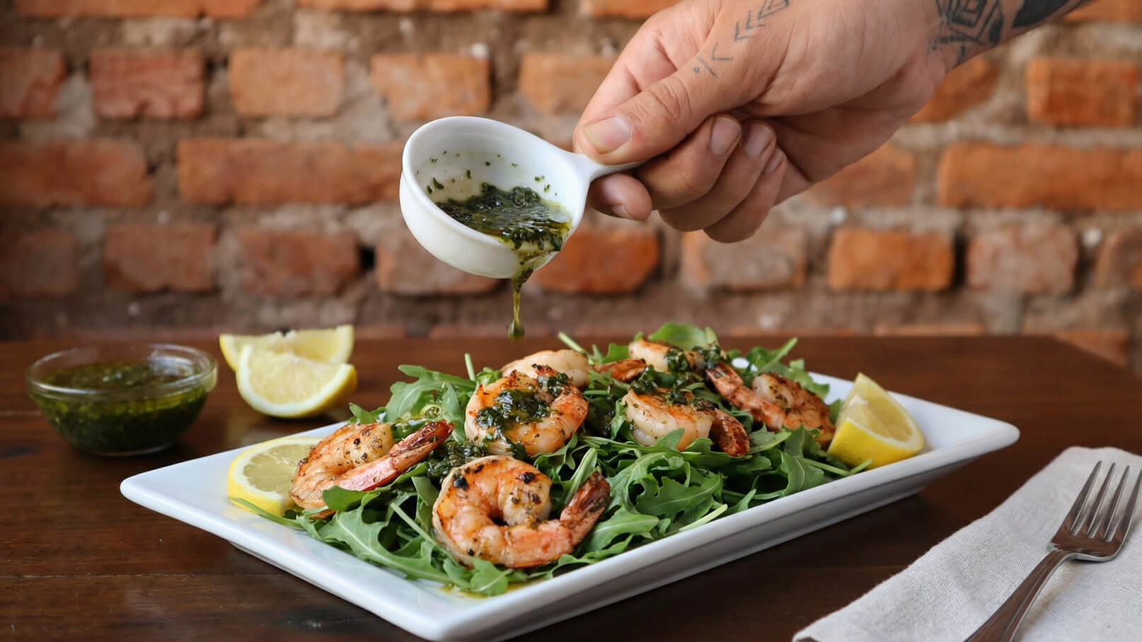 Ein Hand fügt frisch zubereitete Garnelen auf einem Gemüsesalat aus Rucola hinzu. Darüber wird eine grüne Sauce aus einer kleinen Schale gegossen. Auf dem Teller liegen auch Zitronenscheiben, und im Hintergrund ist eine weitere Schale mit Sauce sichtbar.