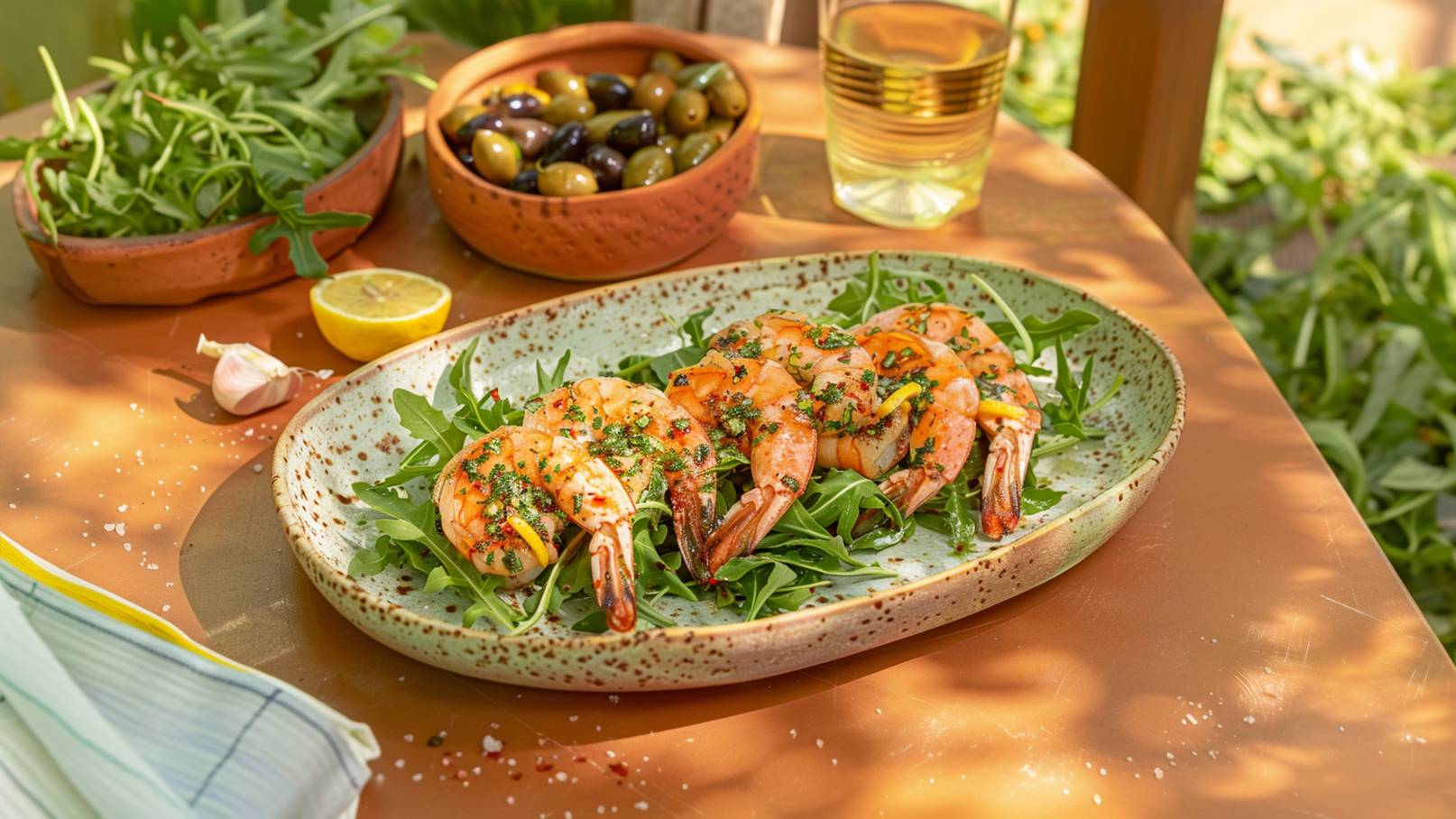 Auf einem Tisch liegen gegrillte Garnelen auf einem Bett aus Rucola. Daneben stehen Schalen mit Oliven und frischem Gemüse. Eine Zitrone und eine Knoblauchzehe ergänzen das Arrangement. Im Hintergrund ist ein Glas mit einem Getränk zu sehen.