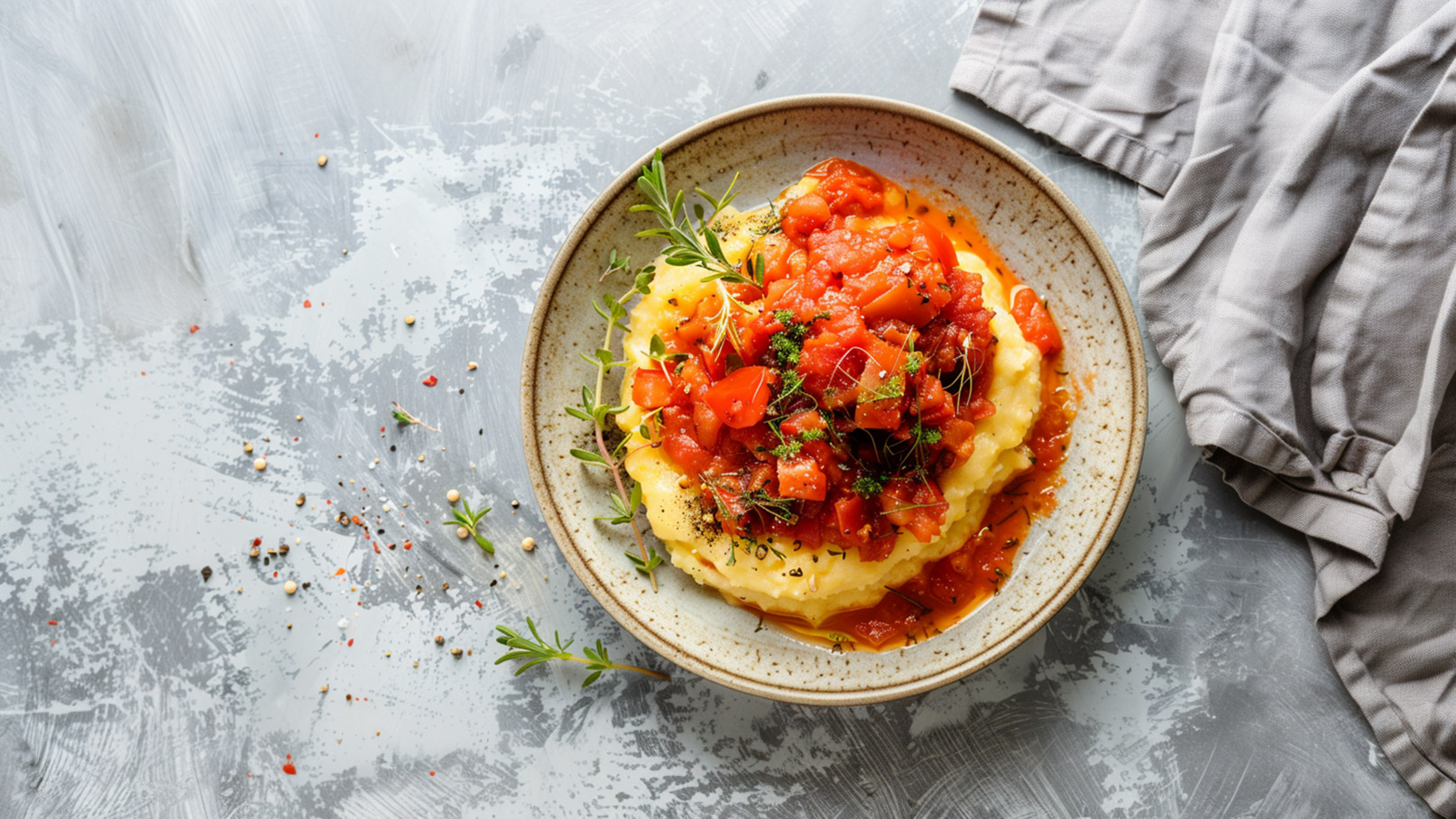 Ein Teller mit cremigem Kartoffelpüree, garniert mit einer bunten Tomatensauce aus gehackten Tomaten und frischen Kräutern. Der Hintergrund ist grau und mit Gewürzen dekoriert, die um den Teller verteilt sind.