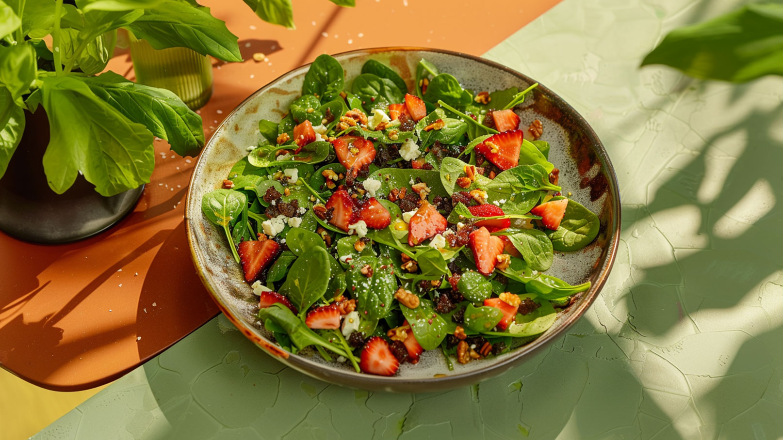 Eine Schüssel mit frischem Spinatsalat, garniert mit Erdbeeren, Nüssen und Feta-Käse. Der Salat glänzt leicht mit Dressing und wird auf einem bunten Tisch serviert. Im Hintergrund sind einige grüne Pflanzen sichtbar.