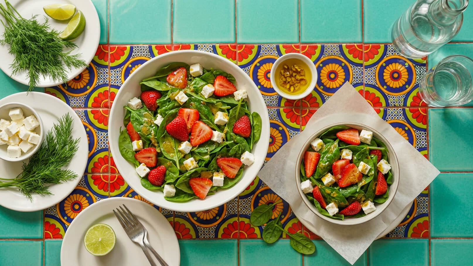 Ein großer Salat mit Spinat, Erdbeeren und Feta-Käse befindet sich in einer Schüssel. Daneben steht eine kleinere Schüssel mit einem ähnlichen Salat. Frische Kräuter, Limettenscheiben und eine Schale mit Olivenöl sind ebenfalls auf dem Tisch angerichtet. Der Tisch ist farbenfroh dekoriert.