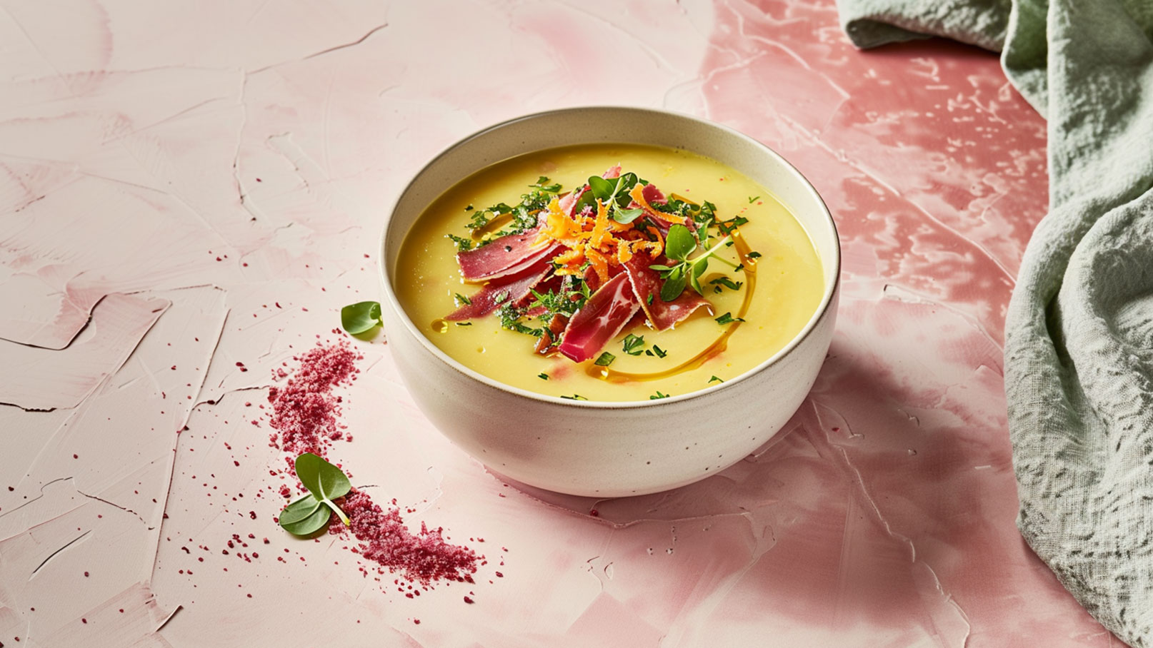 Eine Schüssel mit cremiger Suppe, garniert mit rohem Schinken, frischen Kräutern und Karottenstreifen. Die Suppe hat eine gelbe Farbe und wird auf einem strukturierten, rosa Hintergrund präsentiert.