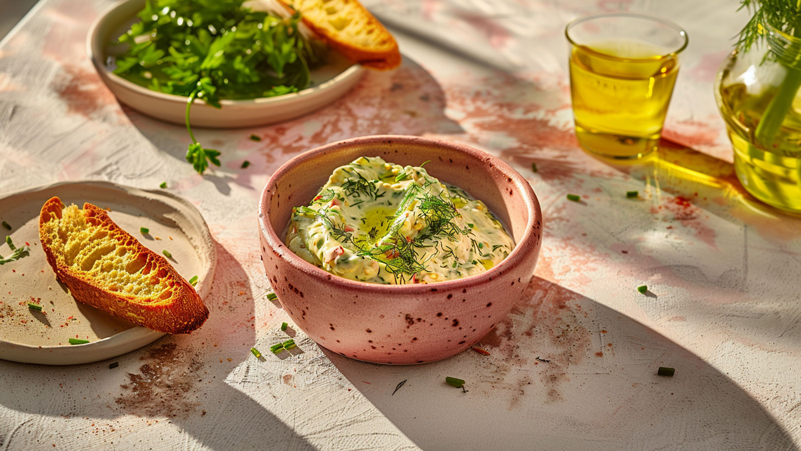 Eine rosa Schüssel mit einer cremigen Dip-Sauce, verziert mit frischen Kräutern, steht auf einem Tisch neben einem Stück geröstetem Brot. Im Hintergrund liegt ein Teller mit frischem Salat und ein Glas Olivenöl.