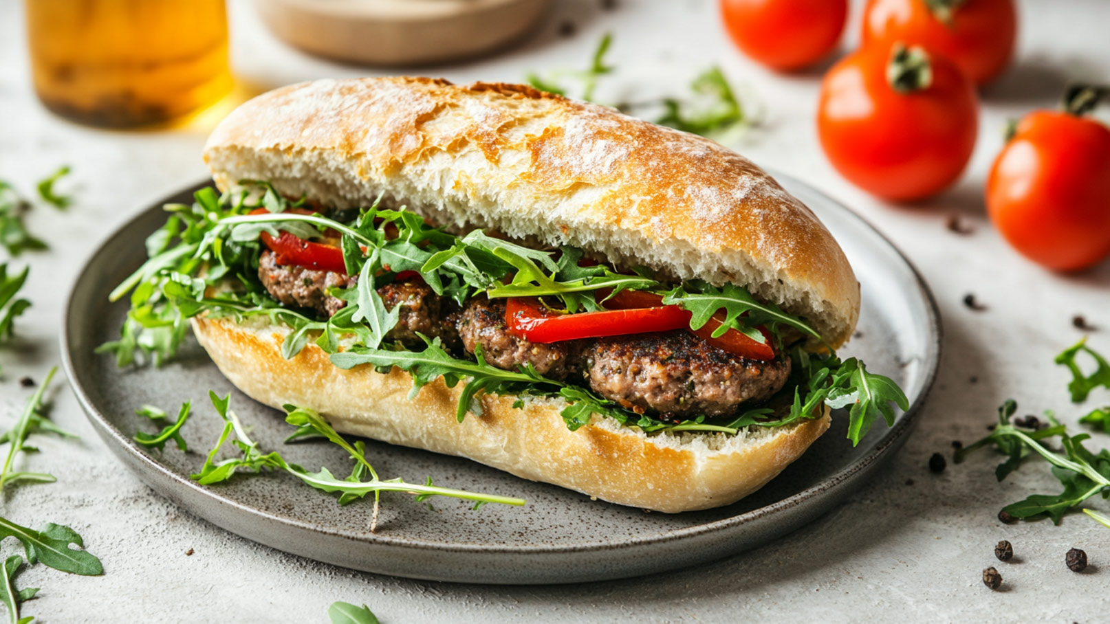 Das Bild zeigt einen köstlichen selbstgemachten Italy Burger, bestehend aus saftigem Rinderhackfleisch, geschmolzenem Mozzarella, sonnengetrockneten Tomaten und frischem Rucola, serviert zwischen zwei knusprigen Burgerbrötchen. Die optisch ansprechende Holzoptik im Hintergrund unterstreicht die rustikale und handgemachte Note dieses Gerichts. Der saftige Burger mit mediterranem Flair wirkt wie eine Reise nach Italien auf dem Teller. 
