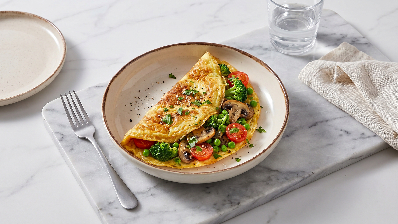 Ein appetitliches Omelett liegt in einer flachen Schüssel. Es ist gefüllt mit frischem Gemüse wie Brokkoli, Tomaten und Pilzen, garniert mit Kräutern. Neben der Schüssel befindet sich eine Gabel auf einem Marmoruntergrund sowie ein Glas Wasser im Hintergrund.