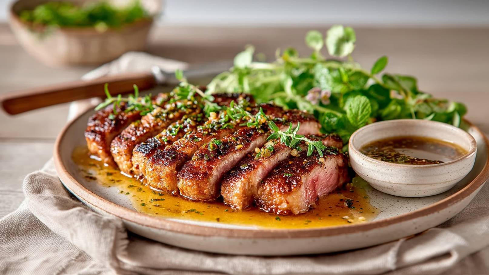 Auf dem Bild ist ein saftiges Steak zu sehen, das auf einer rustikalen Holzplatte arrangiert ist. Über das perfekt gegrillte Fleisch wurde großzügig würzige Pfeffersoße gegossen, die verführerisch darüber verläuft. Neben dem Pfeffersteak sitzt eine Schüssel mit der restlichen köstlichen Pfeffersoße. Zur Dekoration liegen frisches Rosmarin auf und hinter dem Steak, was das Gericht geschmackvoll abrundet. Im Hintergrund ergänzen rote Tomaten und Chilis die Optik, während sie die Frische und Würze des Steaks betonen. 