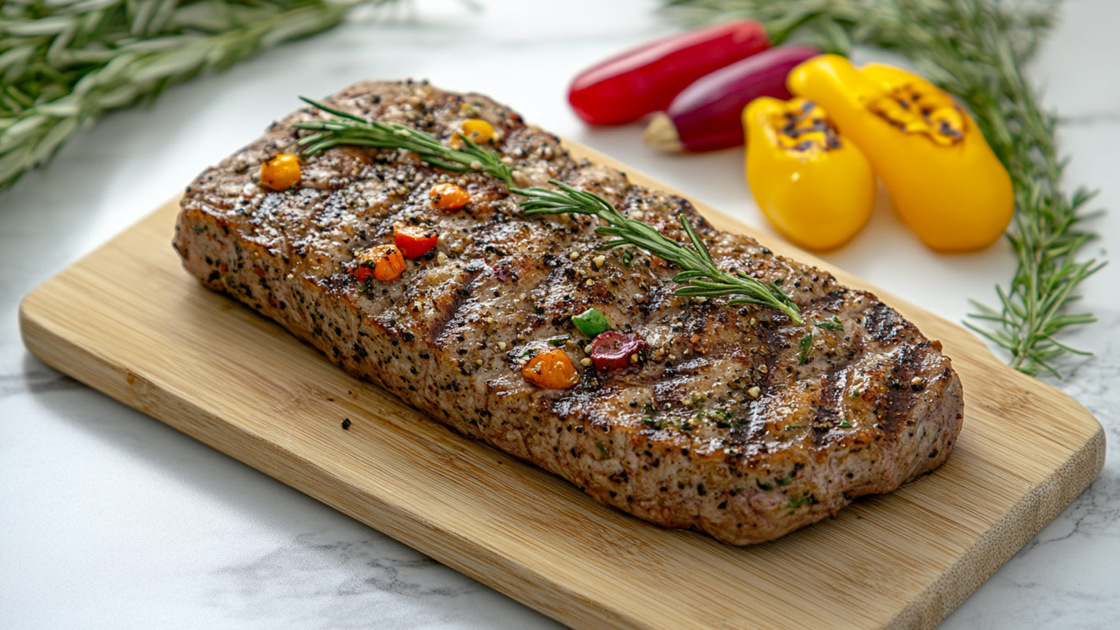 Auf dem Bild ist ein saftiges Steak zu sehen, das auf einer rustikalen Holzplatte arrangiert ist. Über das perfekt gegrillte Fleisch wurde großzügig würzige Pfeffersoße gegossen, die verführerisch darüber verläuft. Neben dem Pfeffersteak sitzt eine Schüssel mit der restlichen köstlichen Pfeffersoße. Zur Dekoration liegen frisches Rosmarin auf und hinter dem Steak, was das Gericht geschmackvoll abrundet. Im Hintergrund ergänzen rote Tomaten und Chilis die Optik, während sie die Frische und Würze des Steaks betonen. 