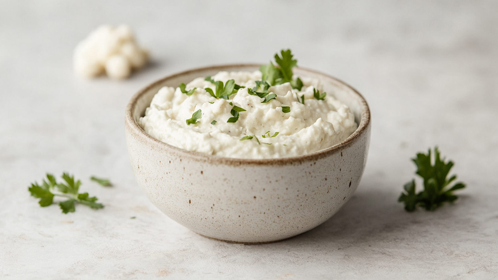 Auf dem Bild ist eine Schüssel zu sehen, gefüllt mit einem köstlichen Blumenkohl-Dip, der mit gebratenem Blumenkohl garniert ist. Um die Schüssel herum liegen verschiedene Stücke von Blumenkohl und ein paar frische Kräuter, die als Dekoration dienen. Die Farben des Gerichts sind ansprechend und die Präsentation wirkt einladend. Die Mischung aus cremigem Dip und knusprigem gebratenem Blumenkohl verspricht einen interessanten Geschmack und eine vielseitige Textur. Das Bild strahlt Frische und Genuss aus.