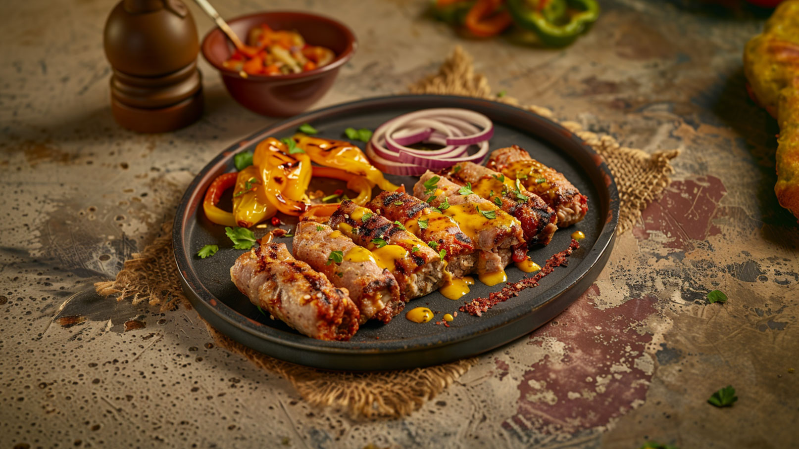 Auf dem Bild ist ein dunkler Teller mit gegrillten, gefüllten Röllchen zu sehen, die mit schmelzendem Käse überzogen sind. Daneben liegen bunte Paprikastreifen und rote Zwiebelringe. Gehackte Kräuter dekorieren das Gericht, das auf einer rustikalen Oberfläche präsentiert wird.
