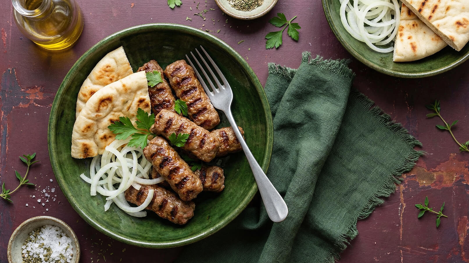 Ein grüner Teller mit gegrillten Fleischrollen, garniert mit frischer Petersilie. Daneben liegen dünne Zwiebelringe und Stücke von Fladenbrot. Eine Gabel steckt im Fleisch. Im Hintergrund sind ein grünes Tuch und ein kleiner Behälter mit Gewürzen zu sehen.