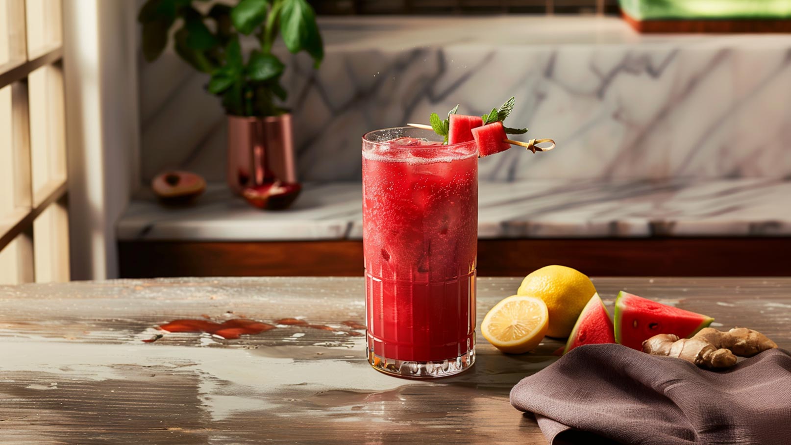 Das Bild zeigt eine ansprechende Szene mit mehreren Gläsern gefüllt mit erfrischendem Melonen-Cocktail, die appetitlich mit Limettenscheiben und frischer Minze garniert sind. Die Gläser stehen auf einem rustikalen Holzbrett und strahlen Frische und Sommerfeeling aus. Um die Gläser herum liegen weitere Limetten und Minze, die das Gesamtbild abrunden und die Aromen des Cocktails unterstreichen.
