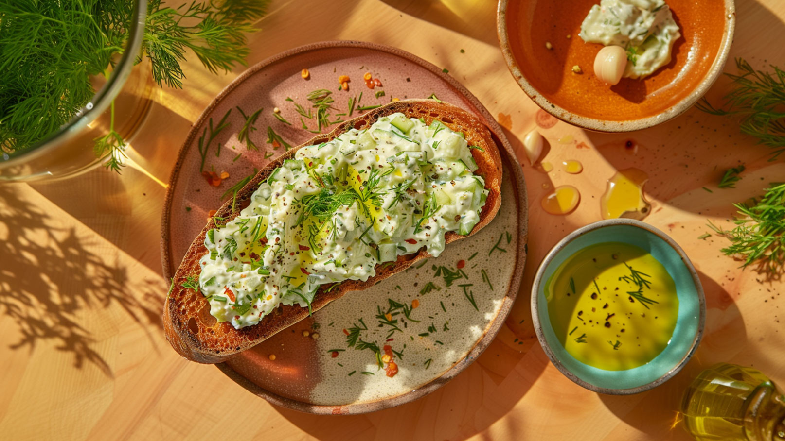 Ein Teller mit einer Scheibe Brot, belegt mit einer cremeartigen Mischung aus Gurken und Kräutern, garniert mit Dill und Gewürzen. Neben dem Brot befinden sich Schalen mit Öl und weiteren Zutaten. Der Hintergrund zeigt eine helle Holzoberfläche.