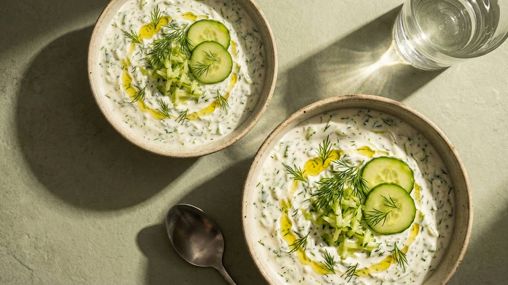 Zwei Schalen mit Joghurt, garniert mit frischem Dill und Gurkenscheiben. Eine der Schalen enthält zusätzlich geraspelte Gurke. Im Hintergrund steht ein Glas Wasser. Die Komposition gibt einen frischen und appetitlichen Eindruck.