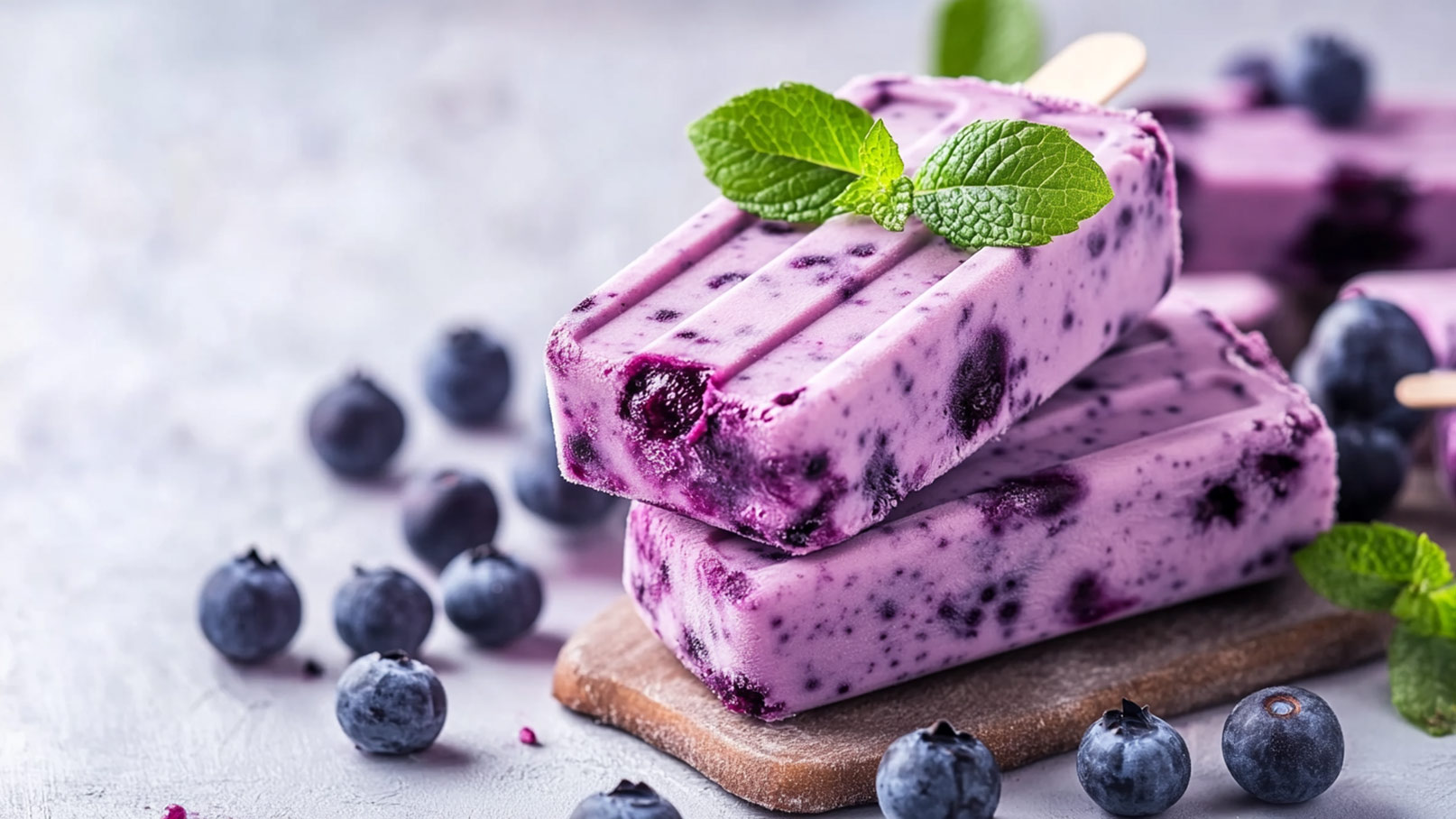           Im Hintergrund des Bildes sind viele Heidelbeeren und ein paar Minzblätter zu sehen. Auf den Heidelbeeren liegen drei selbstgemachte Heidelbeer-Joghurt-Eisportionen. Die fruchtige und erfrischende Kombination verspricht einen köstlichen Genuss. Die bunten Heidelbeeren und die Minzblätter betonen die Frische und Natürlichkeit der eisgekühlten Köstlichkeit. 