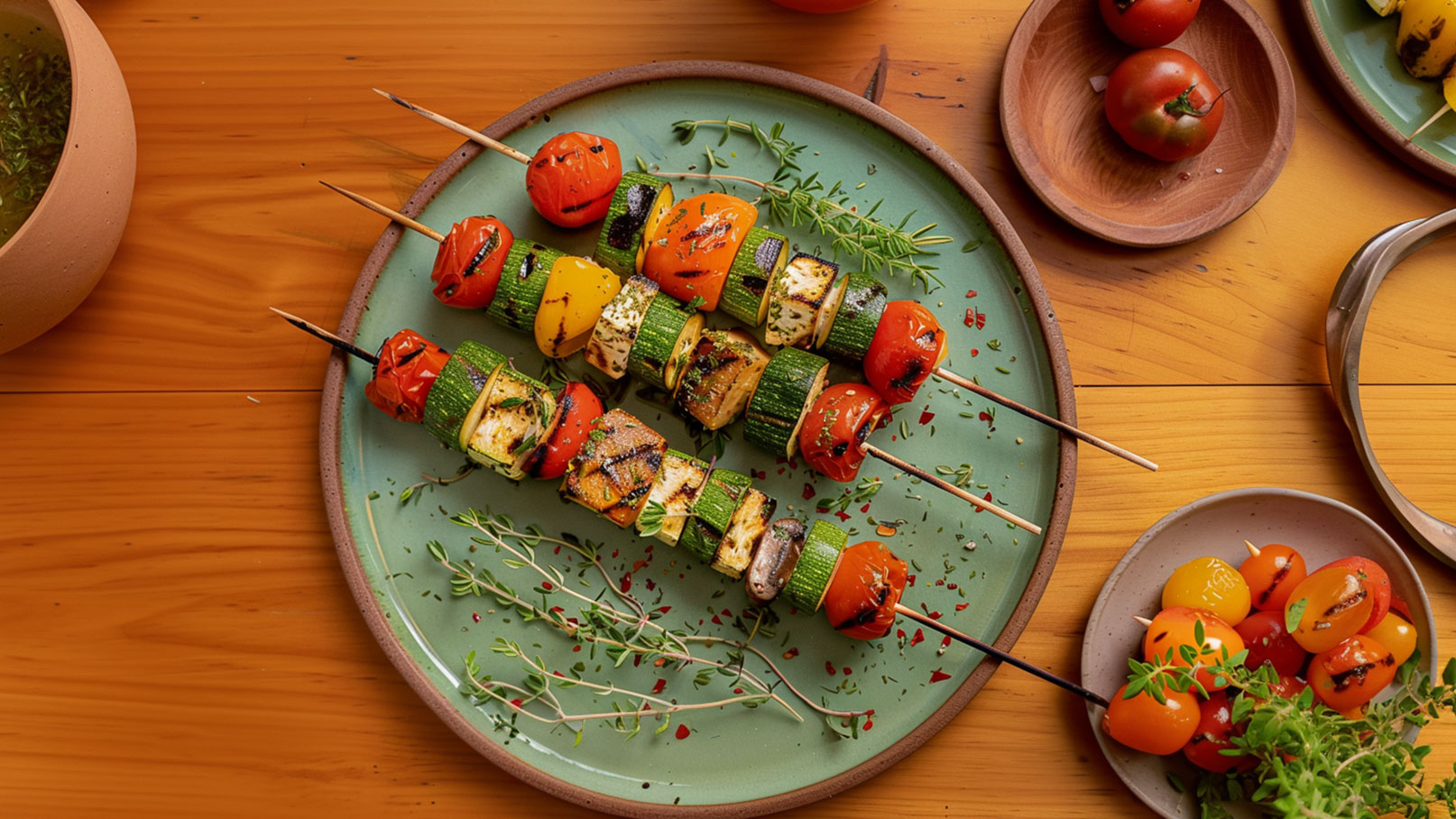 Ein Teller mit gegrillten Gemüsespießen ist im Vordergrund sichtbar. Die Spieße bestehen aus bunten Paprika, Zucchini und Kirschtomaten, garniert mit Kräutern. Im Hintergrund sind weitere Tomaten und eine Schüssel mit frischen Kräutern zu sehen. Der Tisch ist aus Holz.