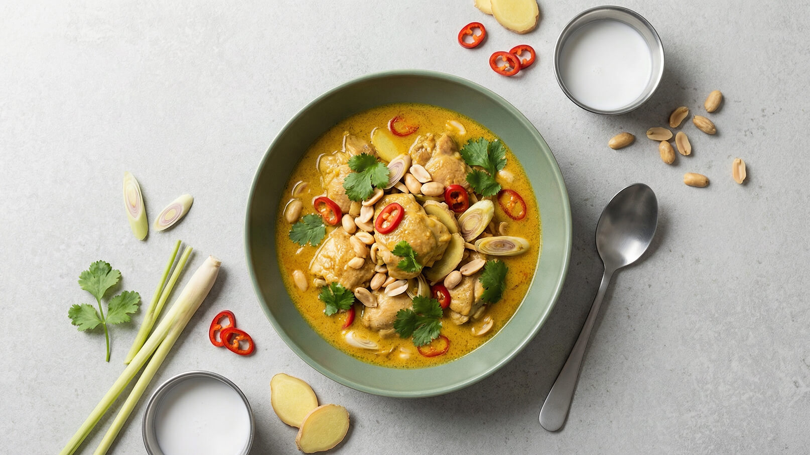 Eine grüne Schüssel mit cremiger Curry-Suppe, garniert mit Hühnerstücken, Erdnüssen, frischem Koriander und roten Chilis. Neben der Schüssel liegen frische Zutaten wie Zitronengras und Ingwer, sowie eine kleine Schale mit Kokosmilch.