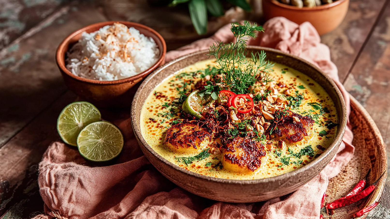 Eine Schüssel mit cremiger Suppe, garniert mit frischen Kräutern, Chili und gehackten Erdnüssen. Daneben steht eine Schale mit weißem Reis und zwei Limettenscheiben. Die Atmosphäre ist rustikal und einladend.