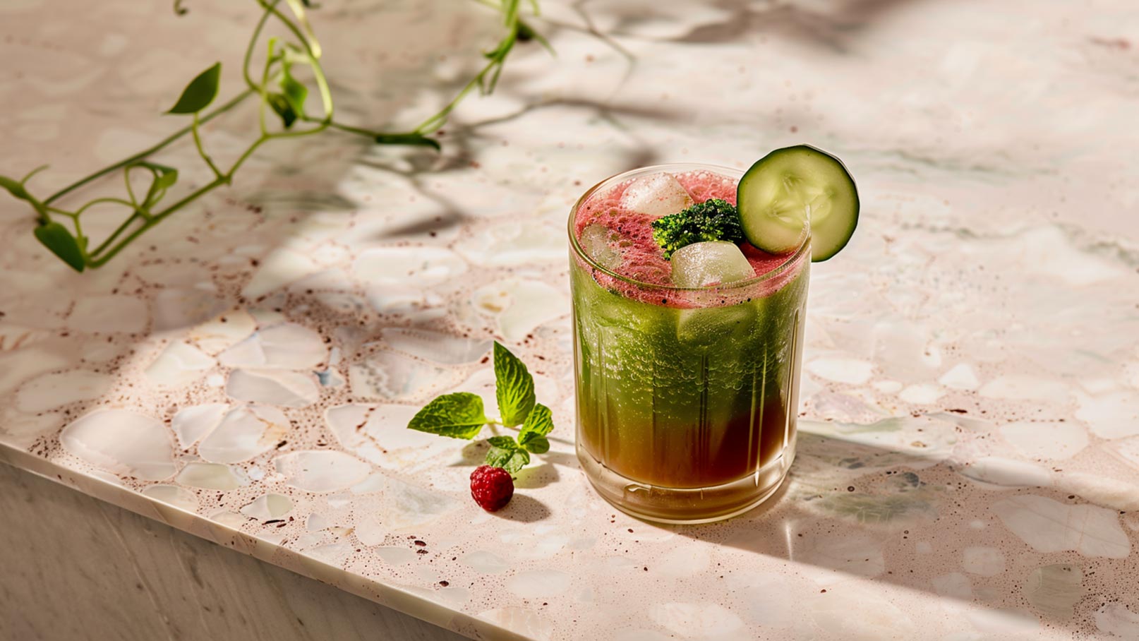 Auf dem Bild ist ein großes Glas mit einem grünen, gesunden Smoothie zu sehen, das mit Basilikumblättern verziert ist. Um das Glas herum sind weitere Kräuter und eine rosa Blume dekorativ arrangiert. Der türkise Hintergrund verstärkt die Frische und Vitalität des Smoothies und der Kräuter. Die visuelle Darstellung erzeugt eine Farbenspiel und Ästhetik, die die Frische und den gesunden Charakter des Getränks betont.