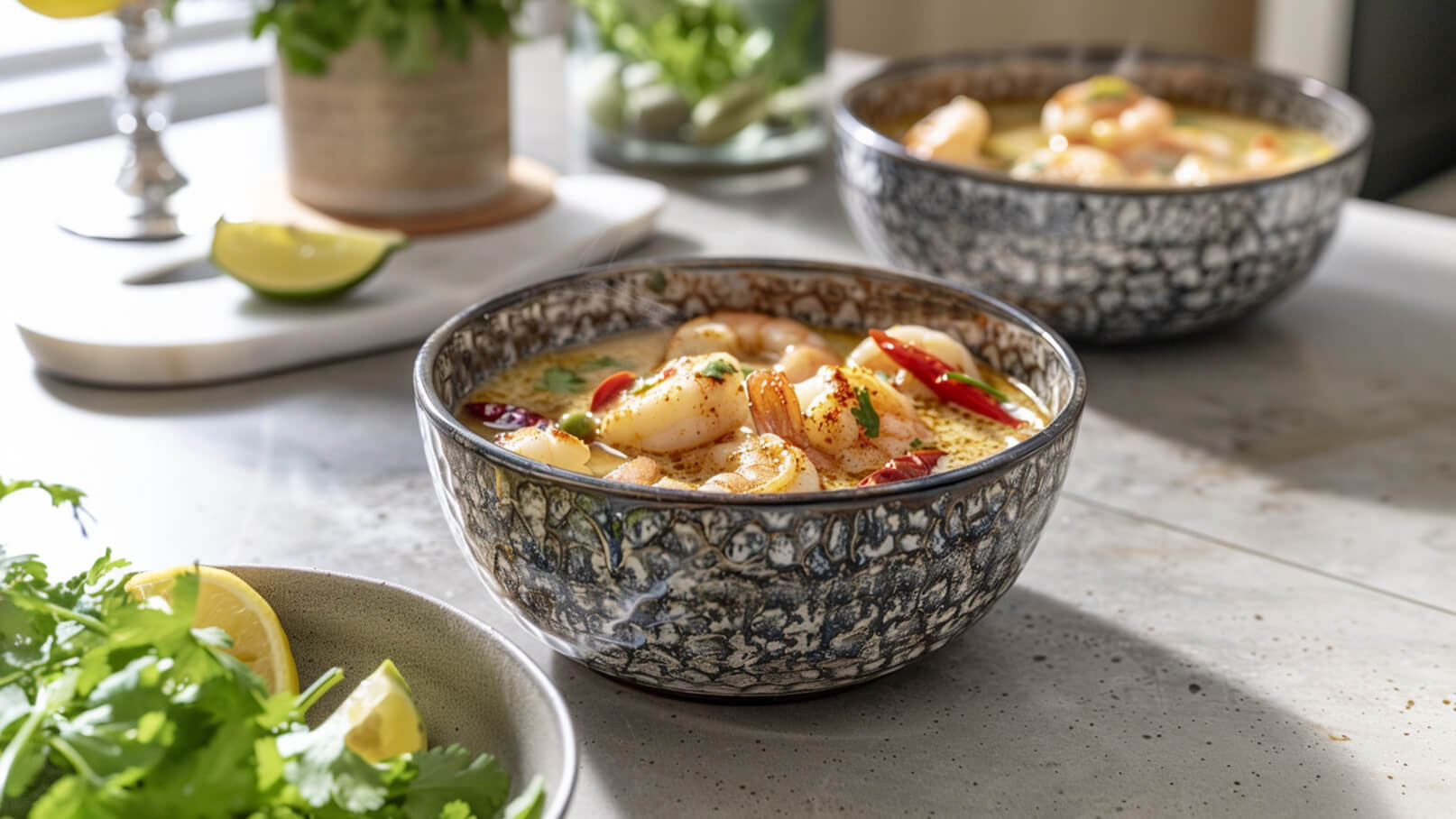 Eine dekorative Schüssel mit einer dampfenden Garnelen-Suppe, die mit frischen Kräutern, Chili und Zitrone garniert ist. Im Vordergrund liegt eine Schüssel mit frischem Koriander und einer Zitronenscheibe. Im Hintergrund sind weitere Schalen mit der gleichen Suppe zu sehen.