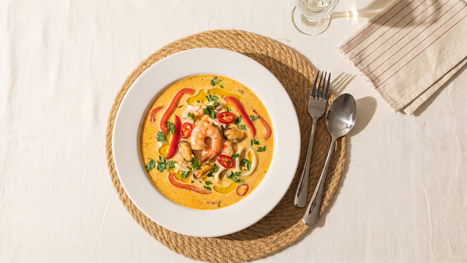 Ein Teller mit einer cremigen Garnelensuppe, garniert mit frischen Kräutern, roten Paprikastreifen und Chilischoten. Der Teller steht auf einem geflochtenen Untersetzer, umgeben von Besteck und einem Glas Wasser im Hintergrund.