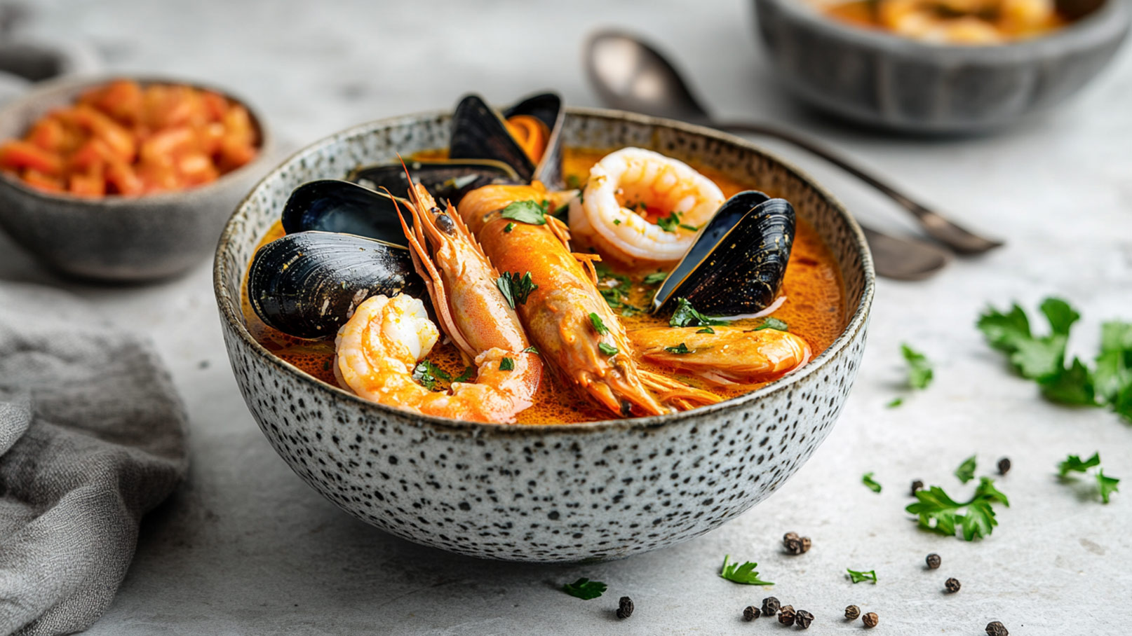 Das Bild zeigt eine glänzende Schüssel, randvoll gefüllt mit einer köstlichen Suppe mit Meeresfrüchten. In der dampfenden Brühe sind vermutlich Garnelen, Muscheln, Tintenfischringe und vielleicht sogar Stücke von Fisch oder Krabben zu erkennen. Die Suppe strahlt eine appetitliche Farbe aus und duftet verlockend. Die Schüssel steht auf einem eleganten schwarzen Unterteller, der einen Kontrast zur hellen Suppe bildet.  