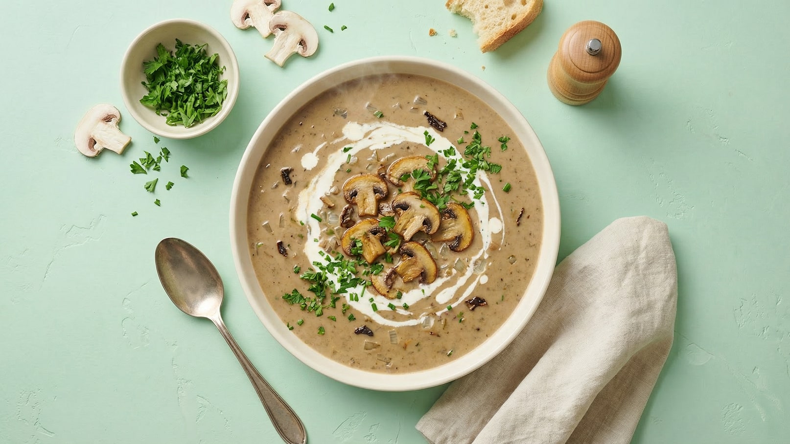 Eine cremige Pilzsuppe in einer großen Schüssel, garniert mit frischen Kräutern und Scheiben von gekochten Champignons. Neben der Schüssel liegt ein Löffel, ein Stück Brot und eine Schale mit gehacktem Koriander. Der Hintergrund ist mintgrün.