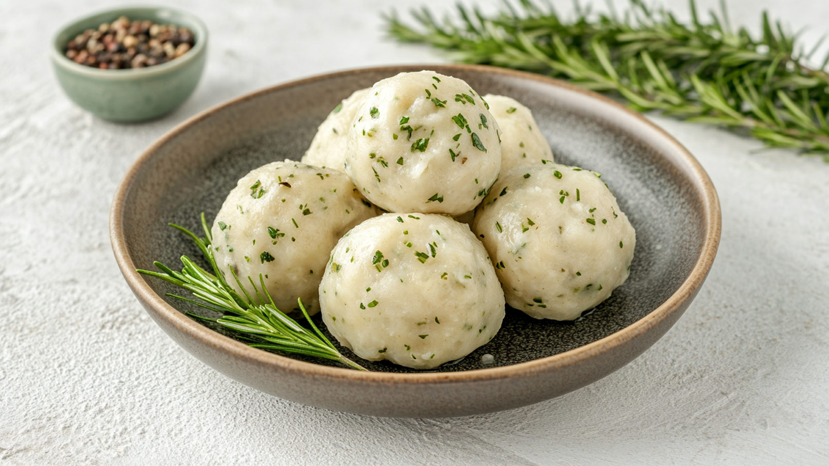 Auf dem Bild sind vier dampfende Knödel zu sehen, die mit frischer Petersilie bestreut sind und auf einem rustikalen Holzbrett platziert wurden. Die Knödel strahlen mit ihrer goldenen Kruste und ihrer herzhaften Füllung eine verlockende Köstlichkeit aus. Im Hintergrund sind ein traditioneller Kochlöffel und eine Schale mit Pilzen zu erkennen, die darauf warten, zu einem schmackhaften Gericht verarbeitet zu werden.