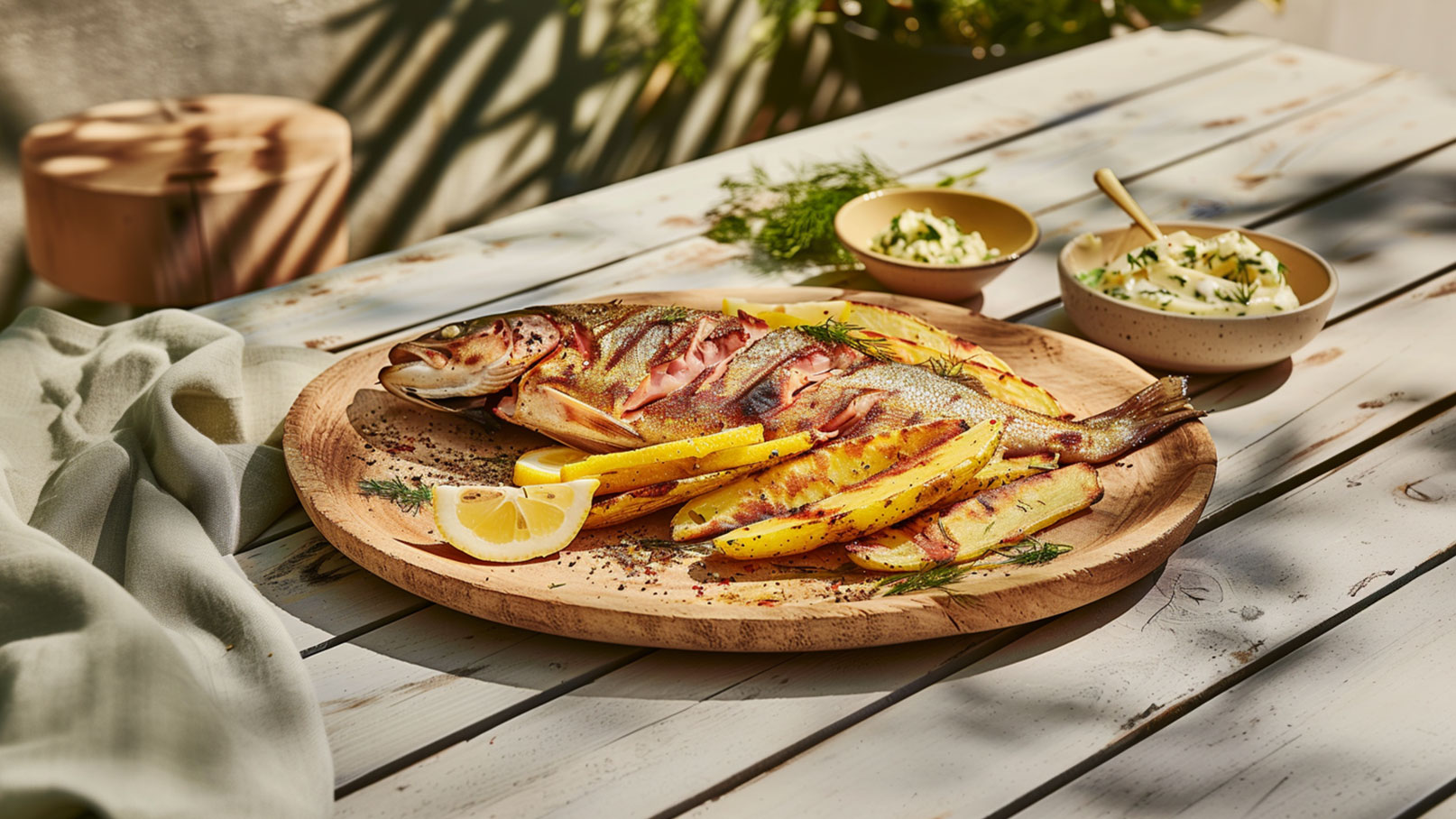 Ein rustikaler Holzteller mit gegrilltem Fisch und gebratenen Kartoffeln. Auf dem Fisch liegen Zitronenscheiben und frischer Dill. Daneben befinden sich zwei kleine Schalen mit Kräuterbutter. Der Hintergrund zeigt eine hell erleuchtete, natürliche Umgebung.