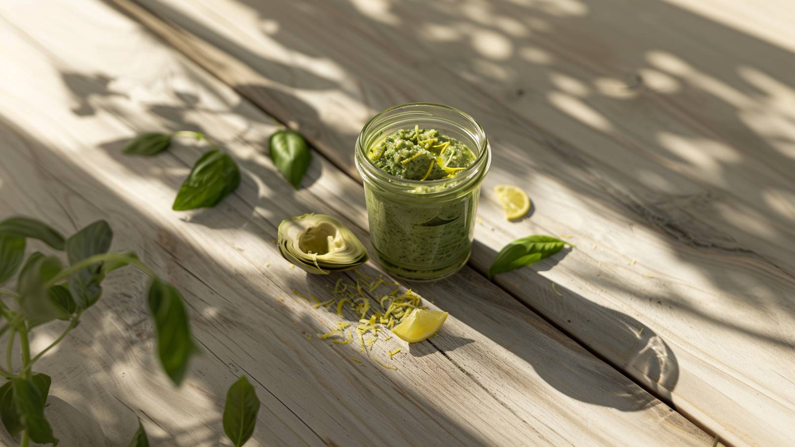 Auf dem Bild ist eine elegante Schüssel zu sehen, randvoll gefüllt mit cremigem Artischockenpesto. Das Pesto strahlt eine grüne Farbe aus und ist mit kleinen Stückchen von Artischocken durchzogen. Um die Schüssel herum liegen eine Vielzahl von frischen Zutaten, die sich harmonisch im Pesto befinden und einen visuellen Kontrast schaffen.