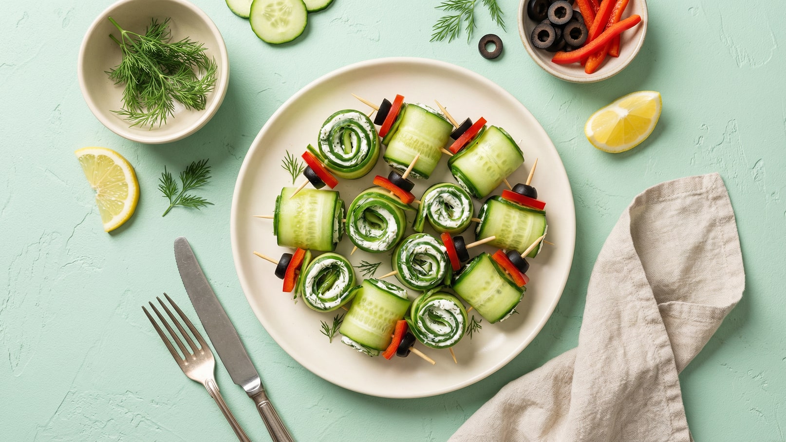 Auf einem Teller liegen gerollte Gurkenscheiben, gefüllt mit Frischkäse und dekoriert mit roten Paprikastreifen und Oliven. Daneben sind eine Zitronenscheibe, frischer Dill, ein Besteckset und eine Serviette platziert. Der Hintergrund ist mintgrün.
