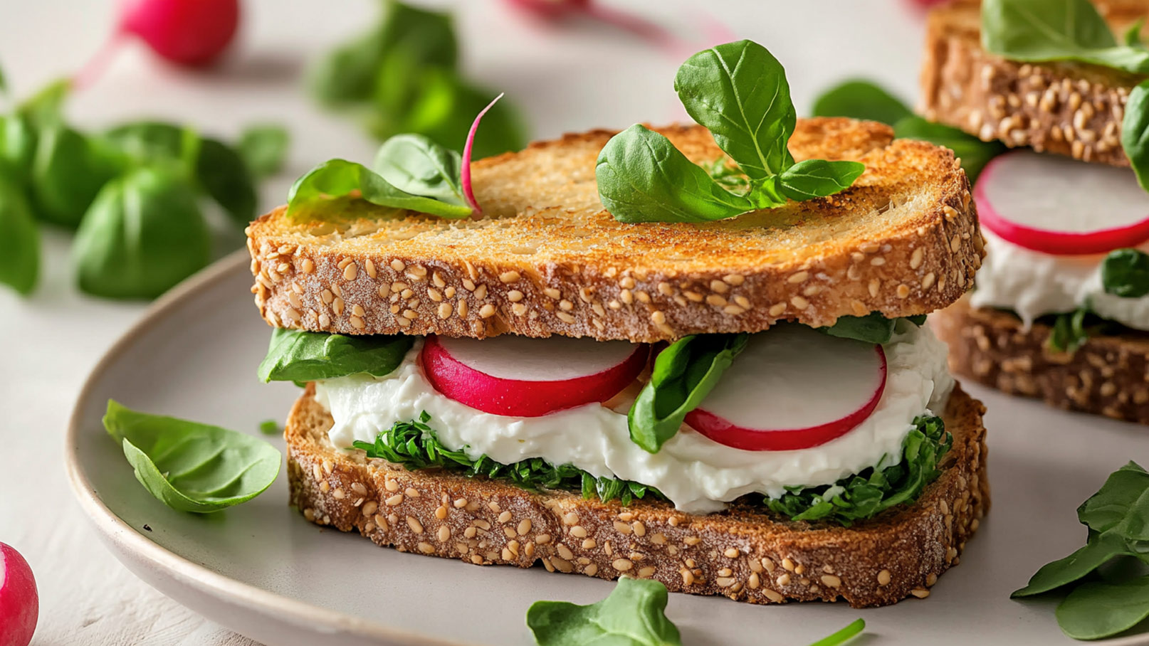 Auf dem Bild liegt ein halbierter Sandwich auf einem rustikalen Holzbrett. Das Croissant ist goldbraun und knusprig gebacken, während die Brötchen eine glänzende Kruste haben. Die verschiedenen Backwaren sehen frisch und duftend aus. Das Holzbrett ist rustikal und verleiht dem Bild eine natürliche und gemütliche Note. Die warmen Brauntöne des Holzes bilden einen schönen Kontrast zu den goldenen Farben der Backwaren.