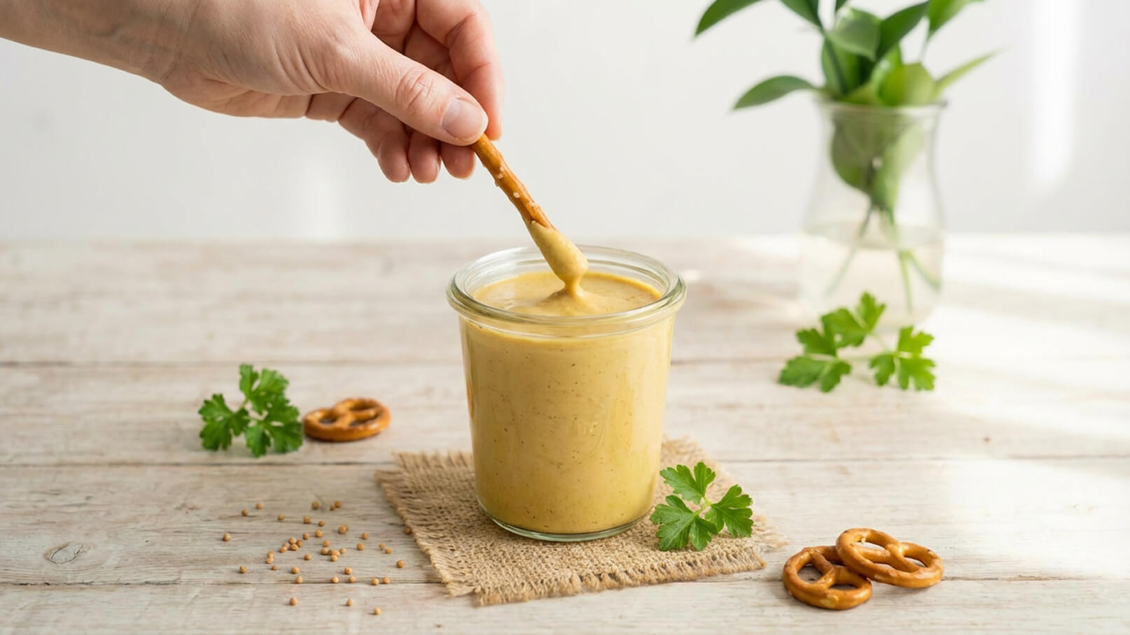 Eine Hand taucht einen Brezelstick in ein Glas mit cremiger, gelber Soße. Das Glas steht auf einem kleinen Jutesack und umgeben von frischen Kräutern und Brezeln auf einem Holztisch.