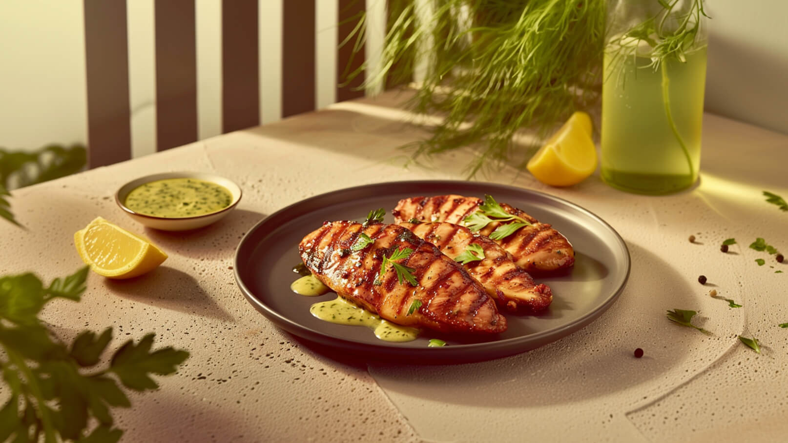 Ein Teller mit gegrilltem Hühnchenfilet, serviert mit einer Kräutersauce und garniert mit frischer Petersilie. Daneben liegt ein Stück Zitrone und eine kleine Schüssel Sauce. Im Hintergrund sind einige grüne Pflanzen und ein Glas mit einer hellgrünen Flüssigkeit zu sehen.