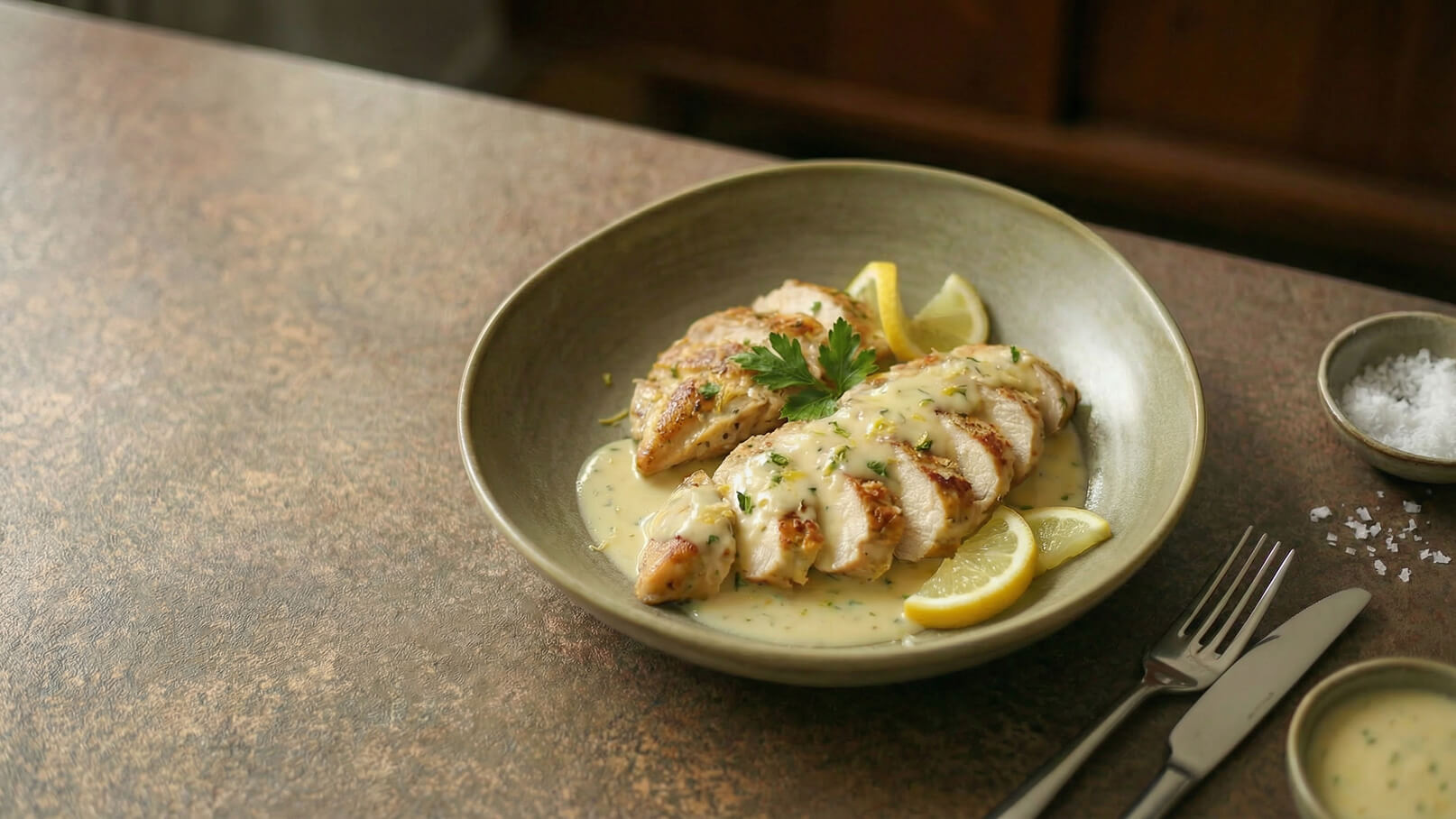 Ein Teller mit zartem, in Scheiben geschnittenem Hähnchenfleisch, serviert in einer cremigen Sauce. Neben dem Fleisch liegen frische Zitronenscheiben und ein Zweig Petersilie als Garnitur. Im Hintergrund sind Besteck und ein kleines Schälchen mit Salz sichtbar.