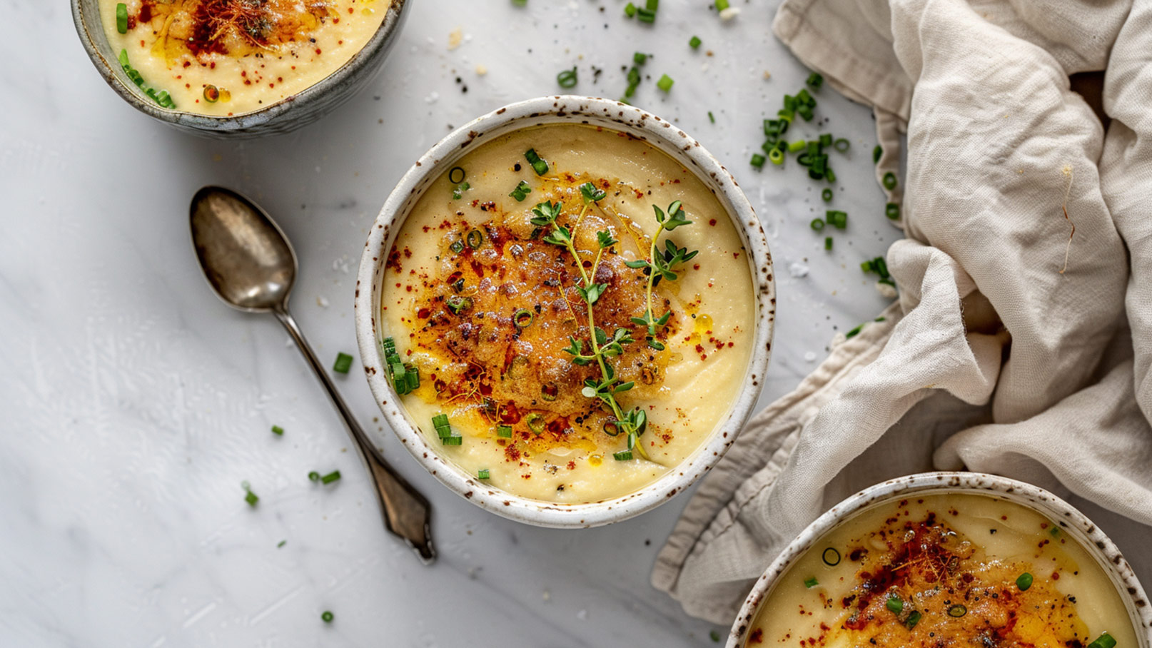 Zwei Schalen mit cremiger Suppe, garniert mit frischen Kräutern und Gewürzen. Die Oberfläche ist goldbraun und leicht knusprig. Ein silberner Löffel liegt neben einer der Schalen auf einem hellen Tisch. Deftige Zutaten sind in der Suppe sichtbar.
