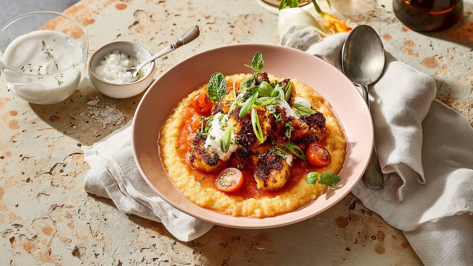 Ein pastellfarbener Teller enthält eine Portion weich gekochter Polenta, belegt mit knackigem Gemüse, frischen Kräutern und einer cremigen Soße. Cherry-Tomaten sind erkennbar, umgeben von minzartigen Blättern. Daneben sind Schalen mit Joghurt und Salz auf einem rustikalen Tisch platziert.