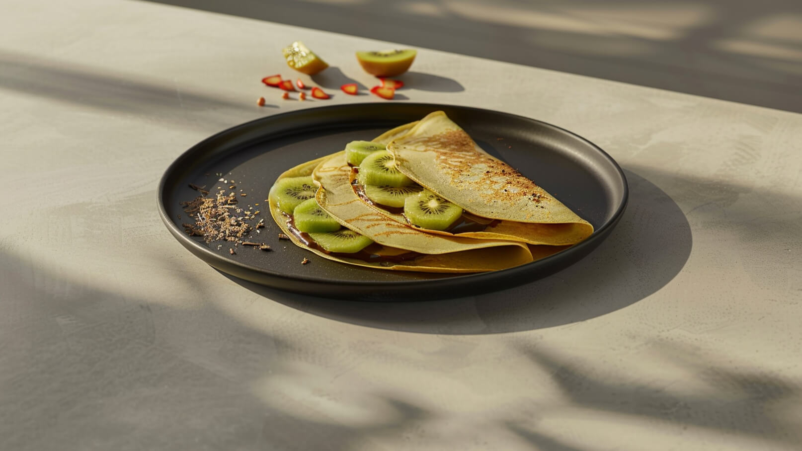 Ein schwarzer Teller mit mehreren Crêpes, die mit Kiwischeiben belegt sind. Im Hintergrund liegen einige Kiwis und rote Chili. Die Crêpes erscheinen goldbraun und sind kunstvoll übereinander gestapelt.