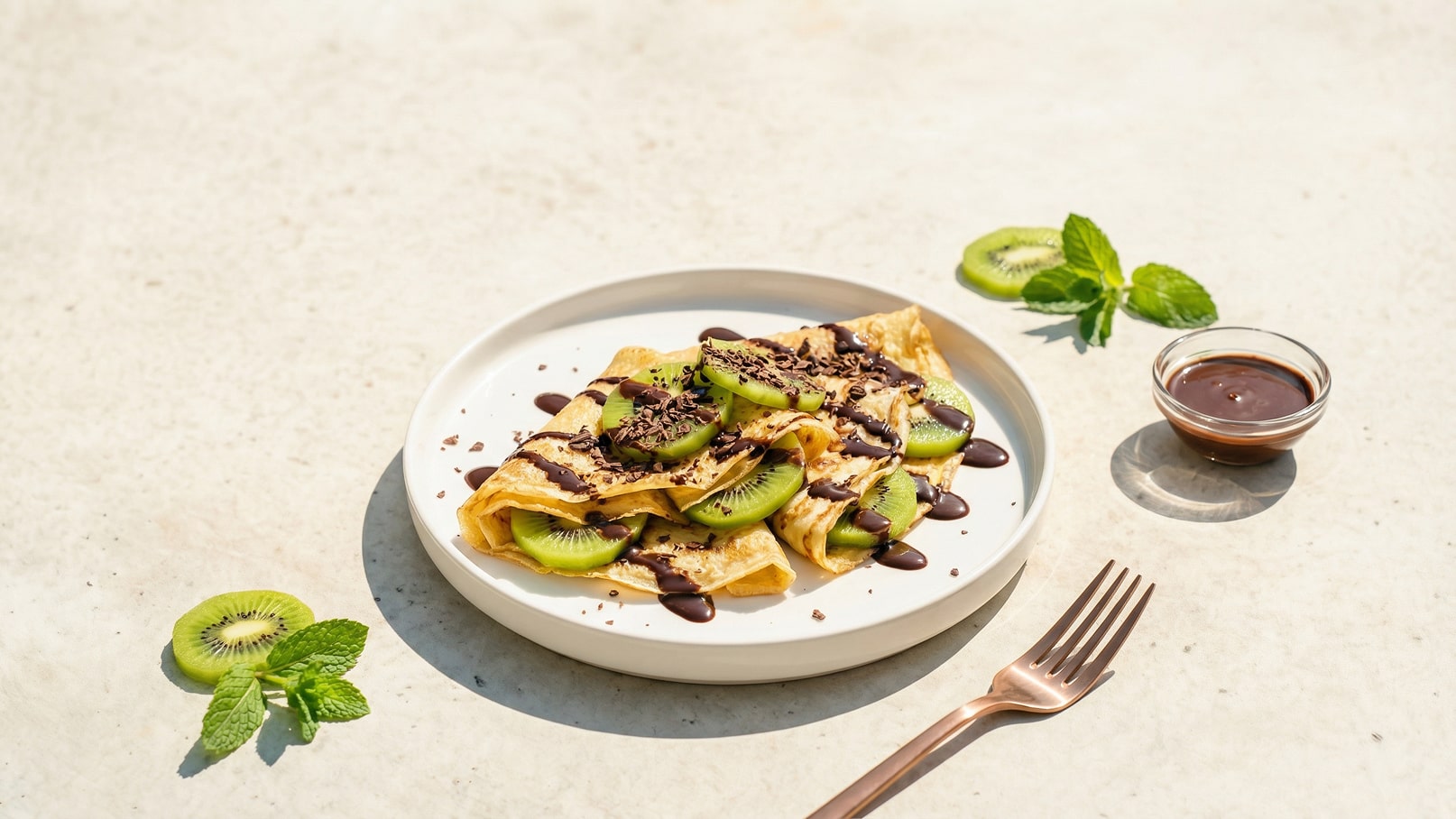 Ein Teller mit drei gefüllten Crepes, bedeckt mit frischen Kiwi-Scheiben und Schokoladensauce. Klein gehackte Schokolade dekoriert das Gericht, umgeben von frischen Minze-Blättern. Daneben steht eine kleine Schale mit zusätzlicher Schokoladensauce.