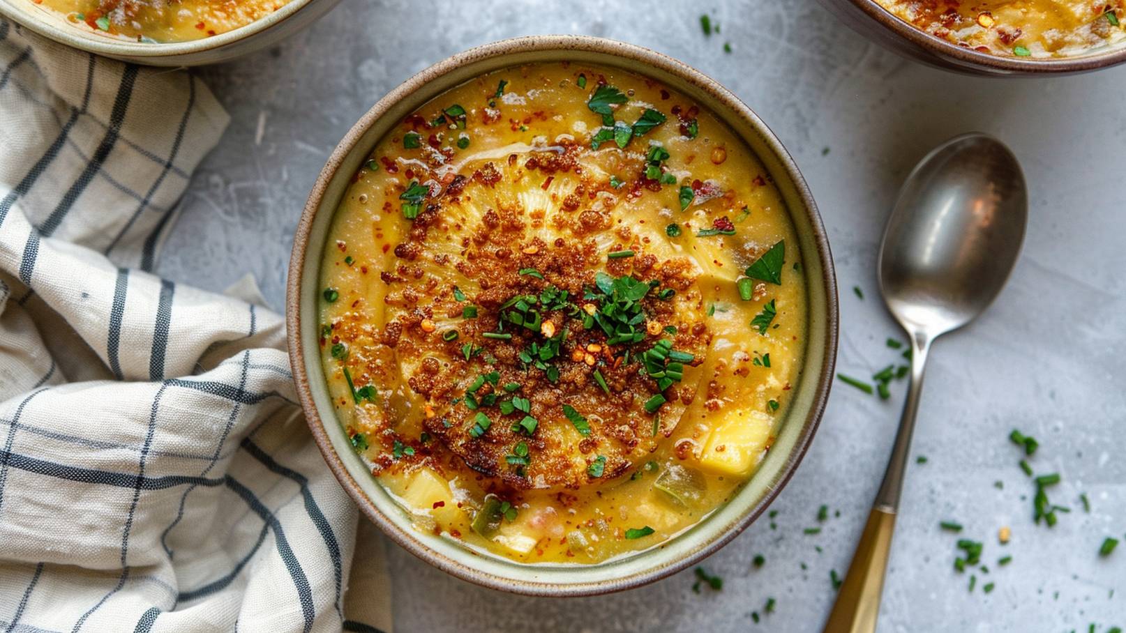 Eine Schüssel cremige Suppe ist im Vordergrund zu sehen, garniert mit knusprigen, braunen Stücken und frischen Kräutern. Der Teller steht auf einer glatten Oberfläche, und eine Löffel liegt daneben. Im Hintergrund sind ähnliche Schüsseln sichtbar.